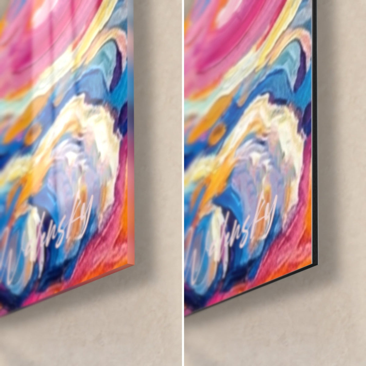 Tableau chat bleu en peinture épaisse, patte blanche et touches roses, coin bas droit en verre brillant et Dibond mat
