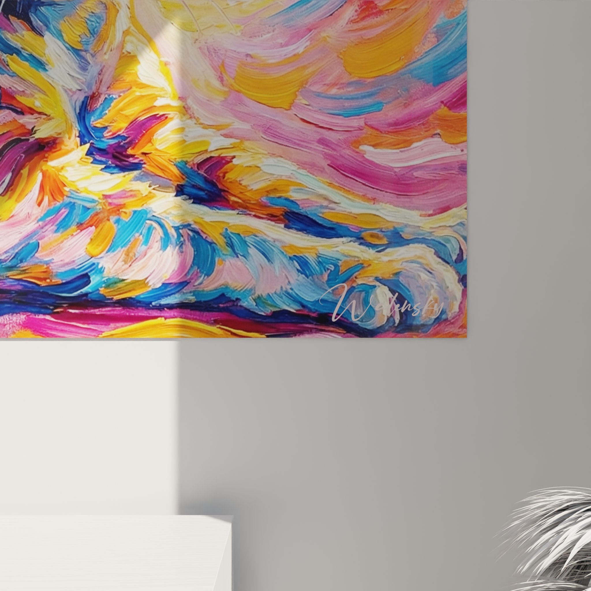 Vista d'insieme quadro murale gatto Russian Blue arte moderna colori vibranti decorazione interiore