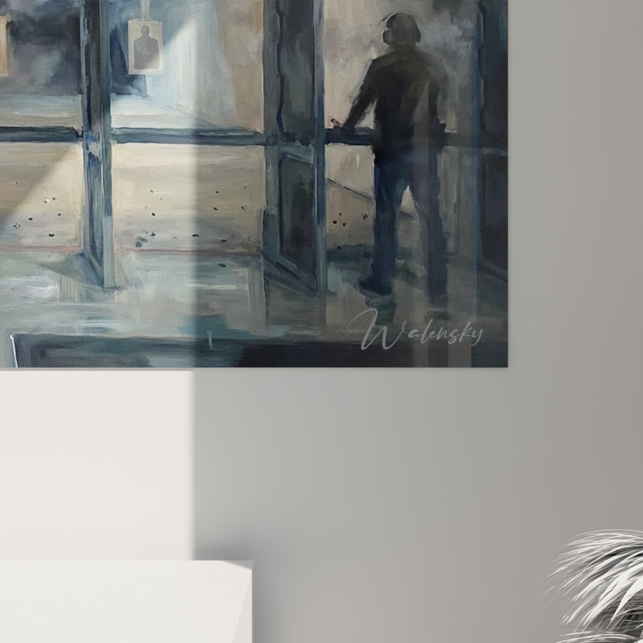 Indoor shooting range wall art modern mural decor sports precision blue colors overview