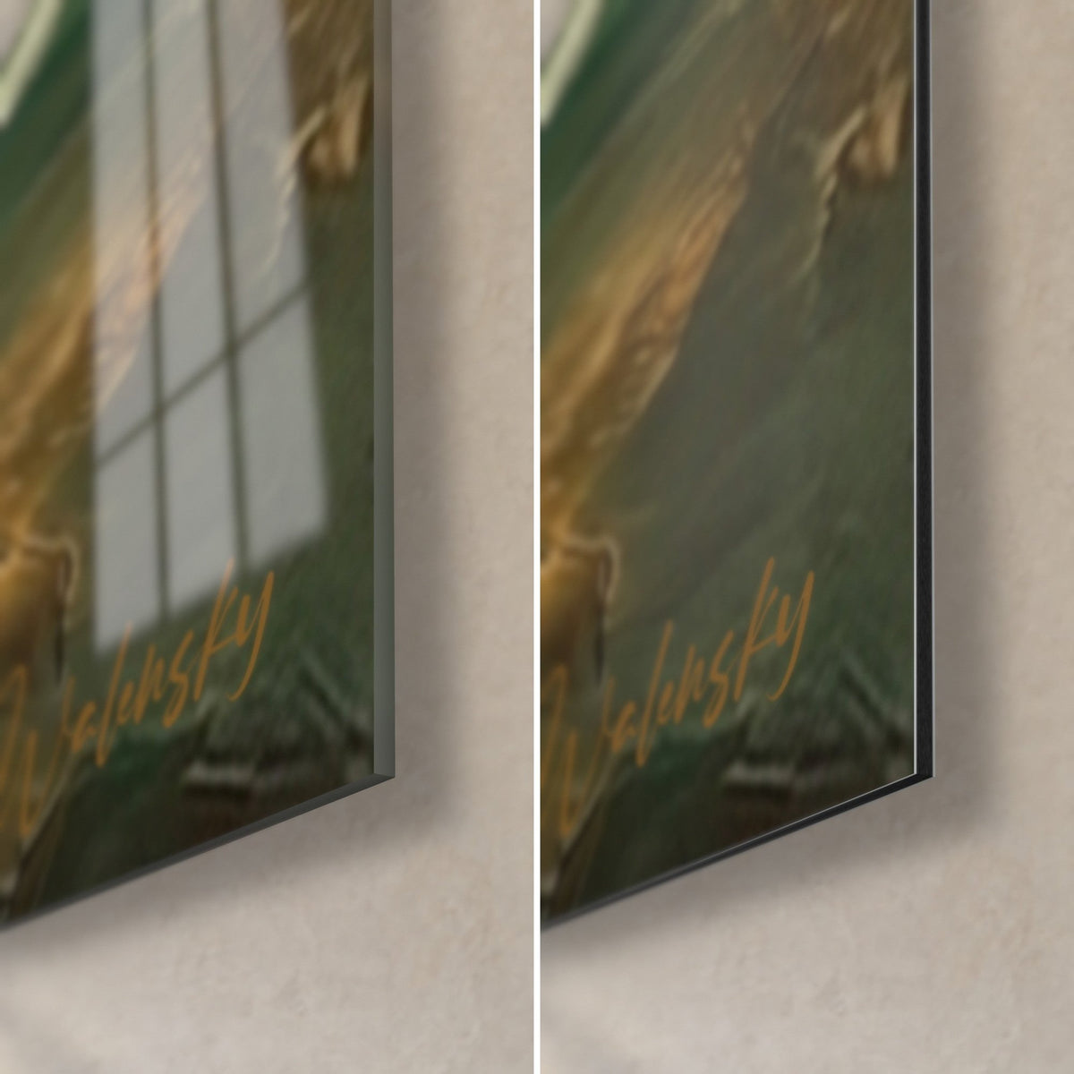 Cuadro jinetes de polo en pintura al óleo verde y dorada, esquina inferior derecha en cristal brillante y Dibond mate, canto de 3 mm