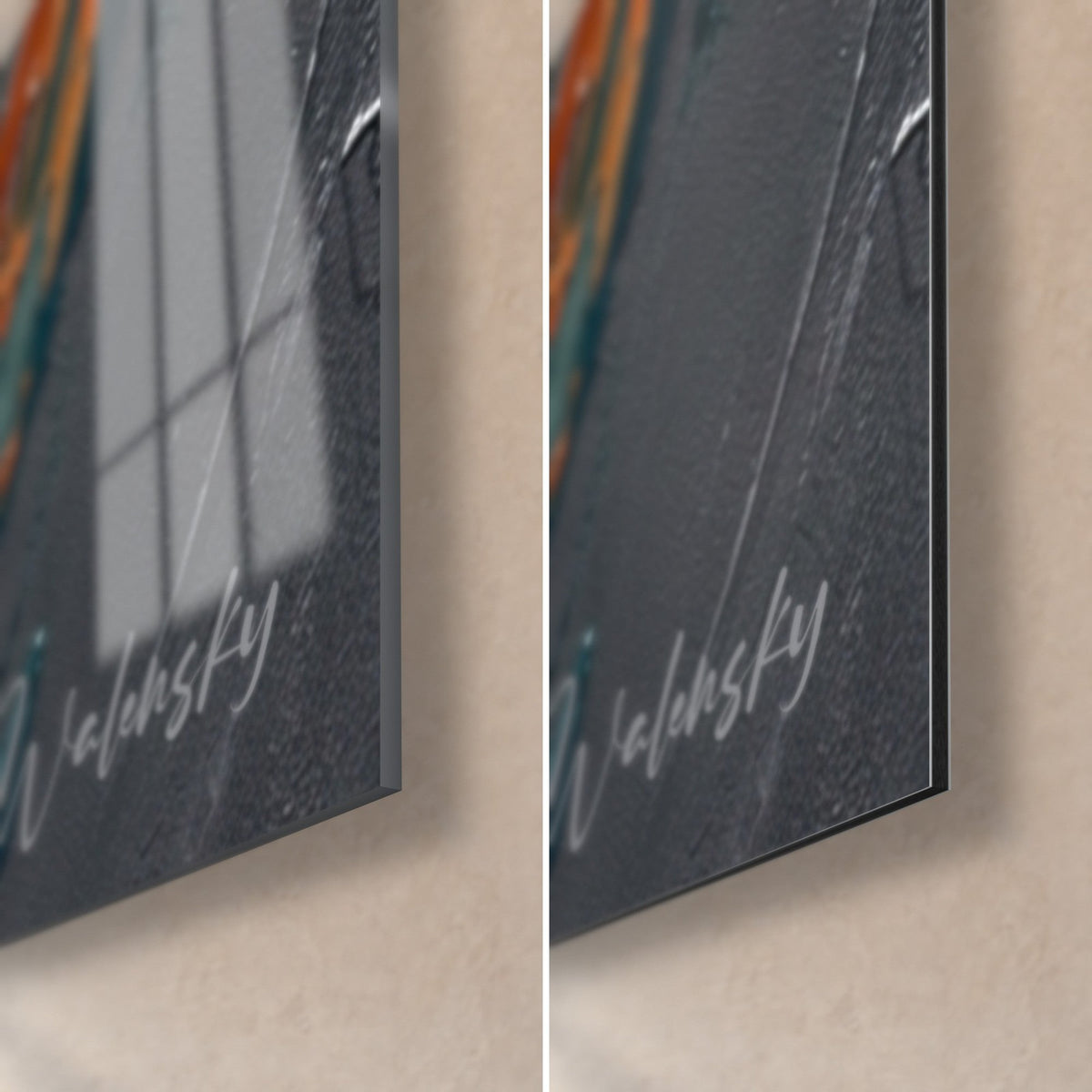 Tableau pratiquant de karaté aux traits cuivrés, coin bas droit : verre acrylique brillant à gauche, Dibond gris mat à droite, signature Walensky