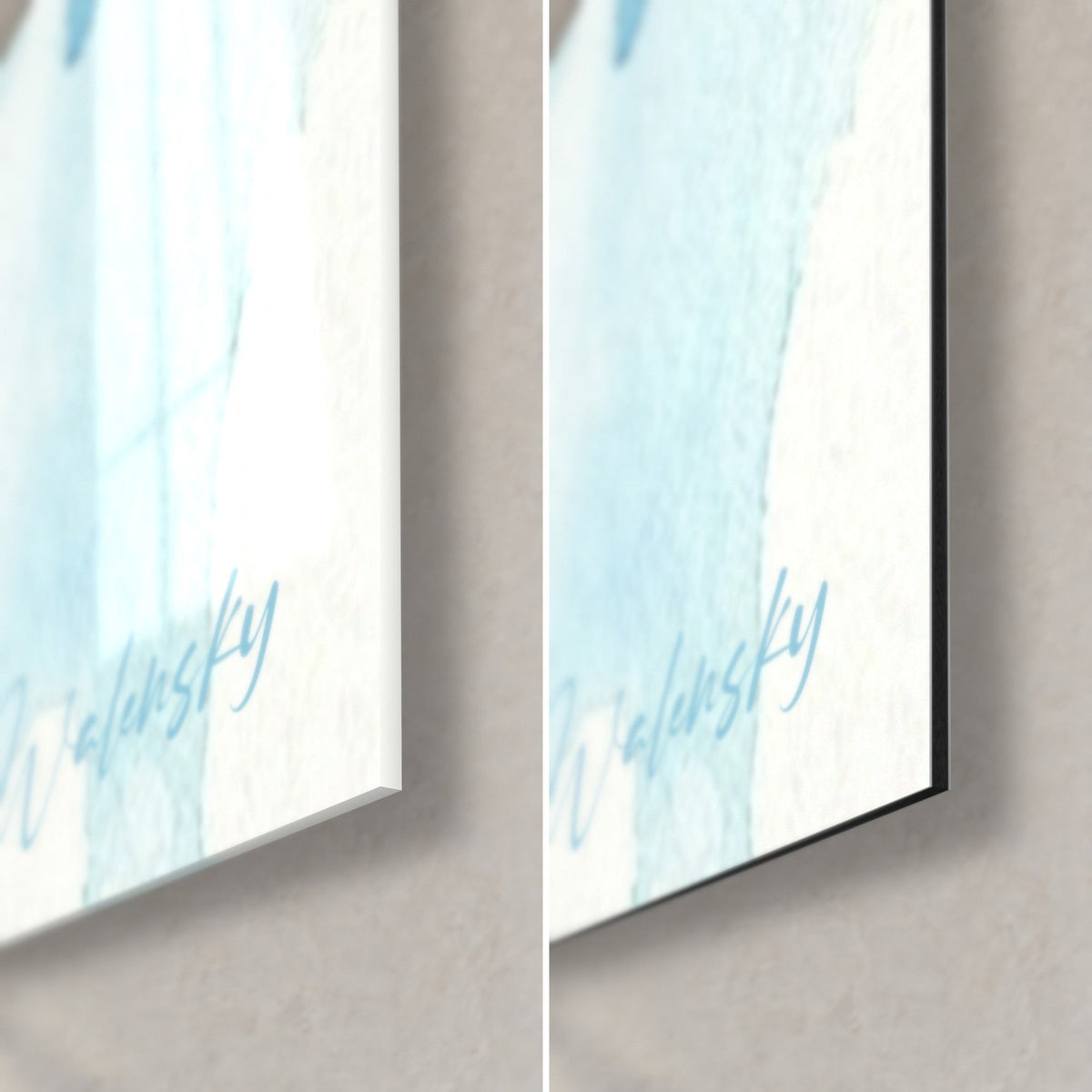 Wall art diver silhouette in turquoise and white watercolor, bottom right corner, Walensky signature, glossy acrylic glass and matte Dibond aluminum, 3 mm edge
