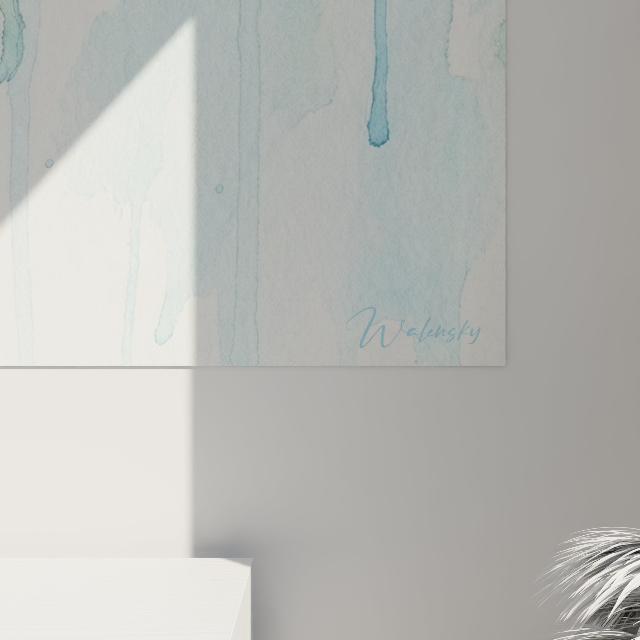 Overview of watercolor diver artwork on white wall showing complete maritime decorative effect