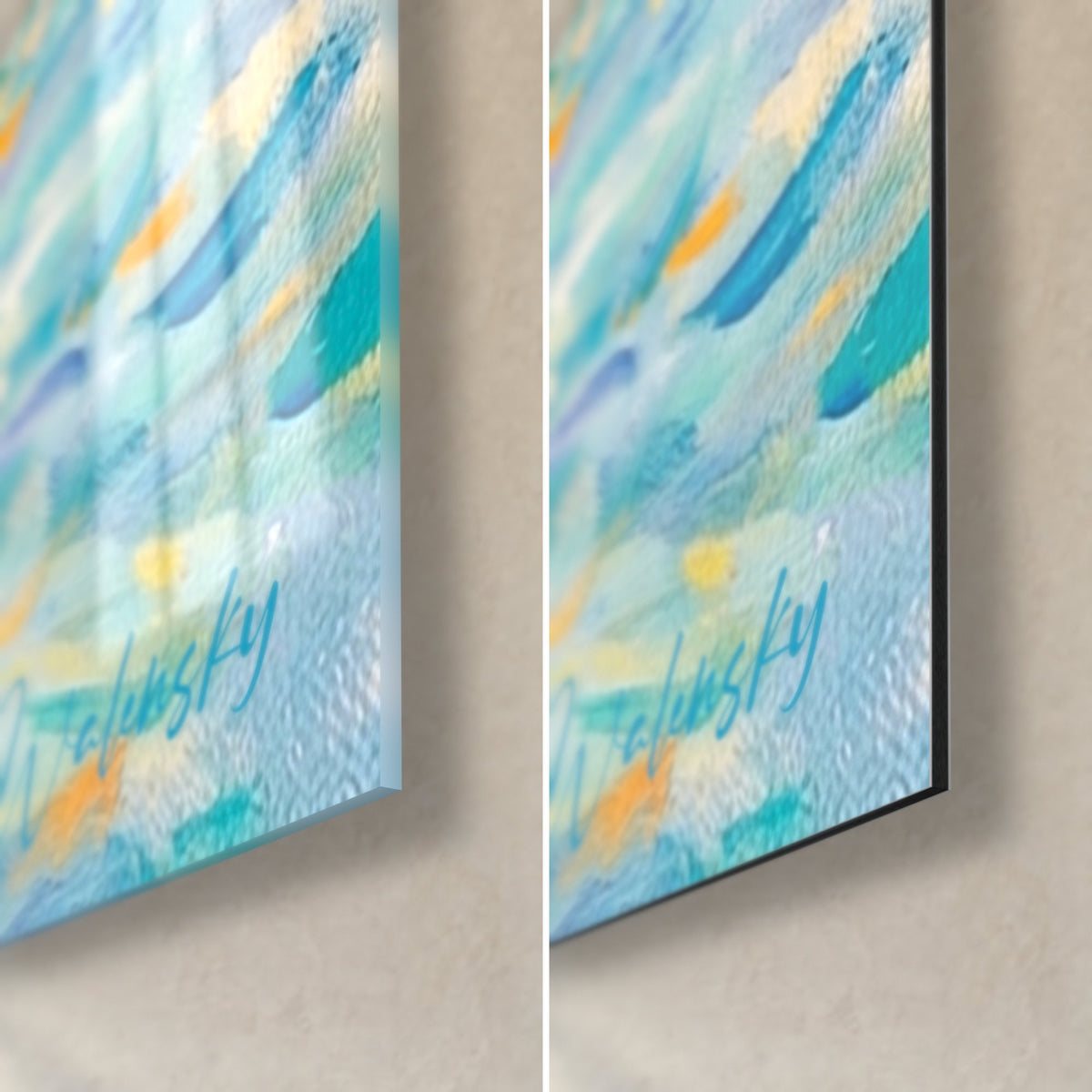 Tableau jet-ski impressionniste, coin bas droit : coups de pinceau turquoise et jaune, verre brillant, Dibond mat noir