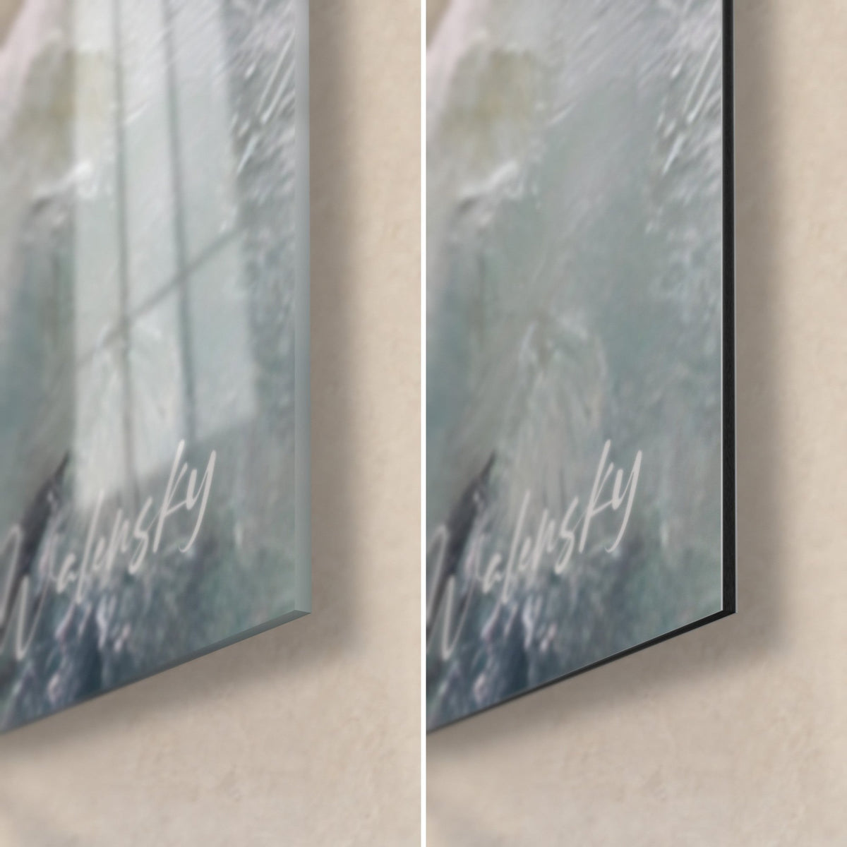 Wall art rafting boat on white-water rapids, bottom right corner: glossy acrylic glass on the left, matte black Dibond on the right