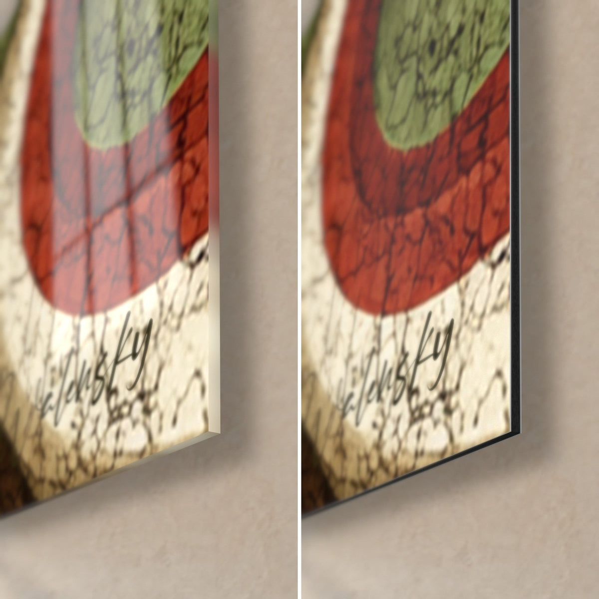 Quadro con forme concentriche rosso mattone e ocra, fini crepe sul vetro lucido e sull'alluminio Dibond opaco, bordo da 3 mm, angolo in basso a destra