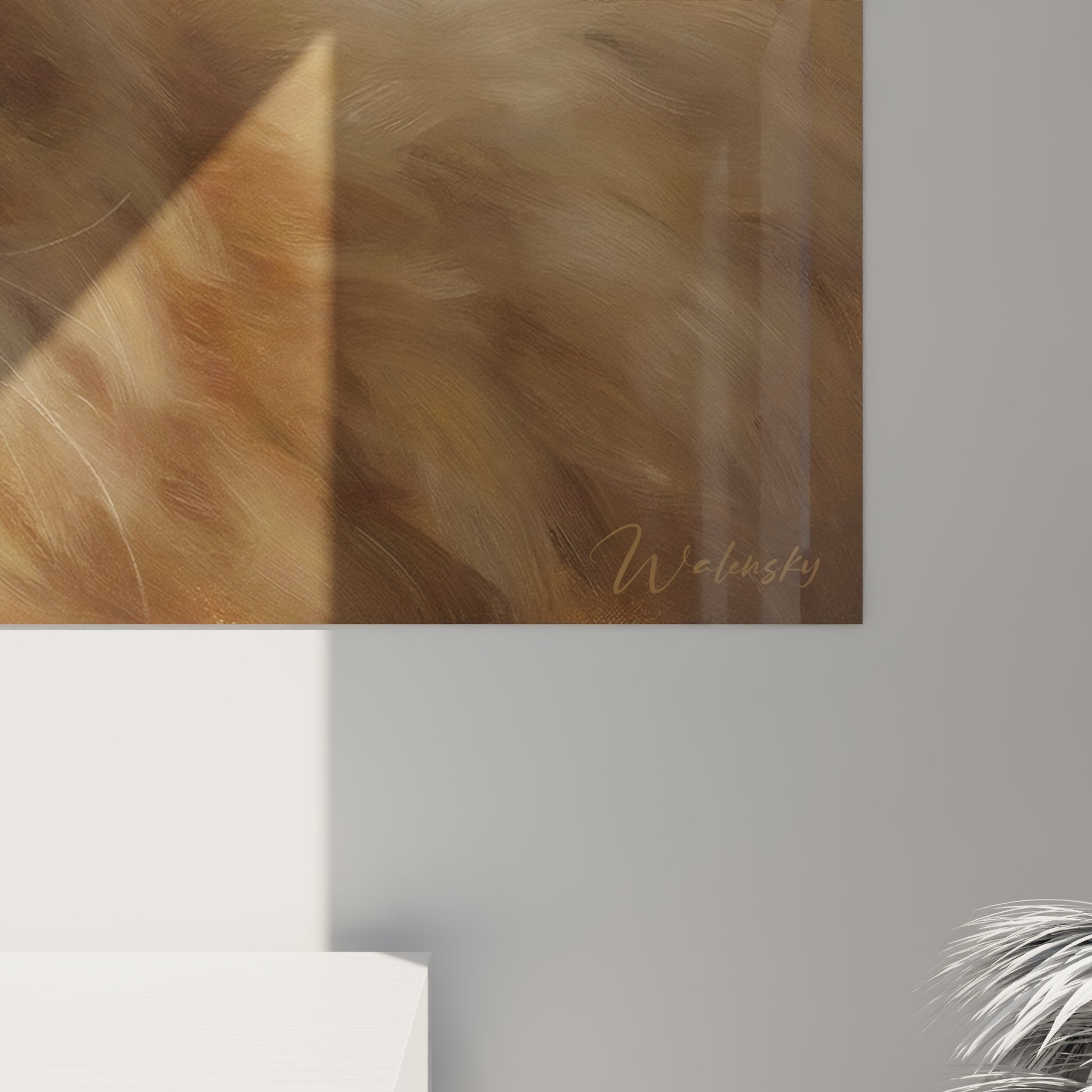 Overview of the cream Persian cat painting in a contemporary and refined interior