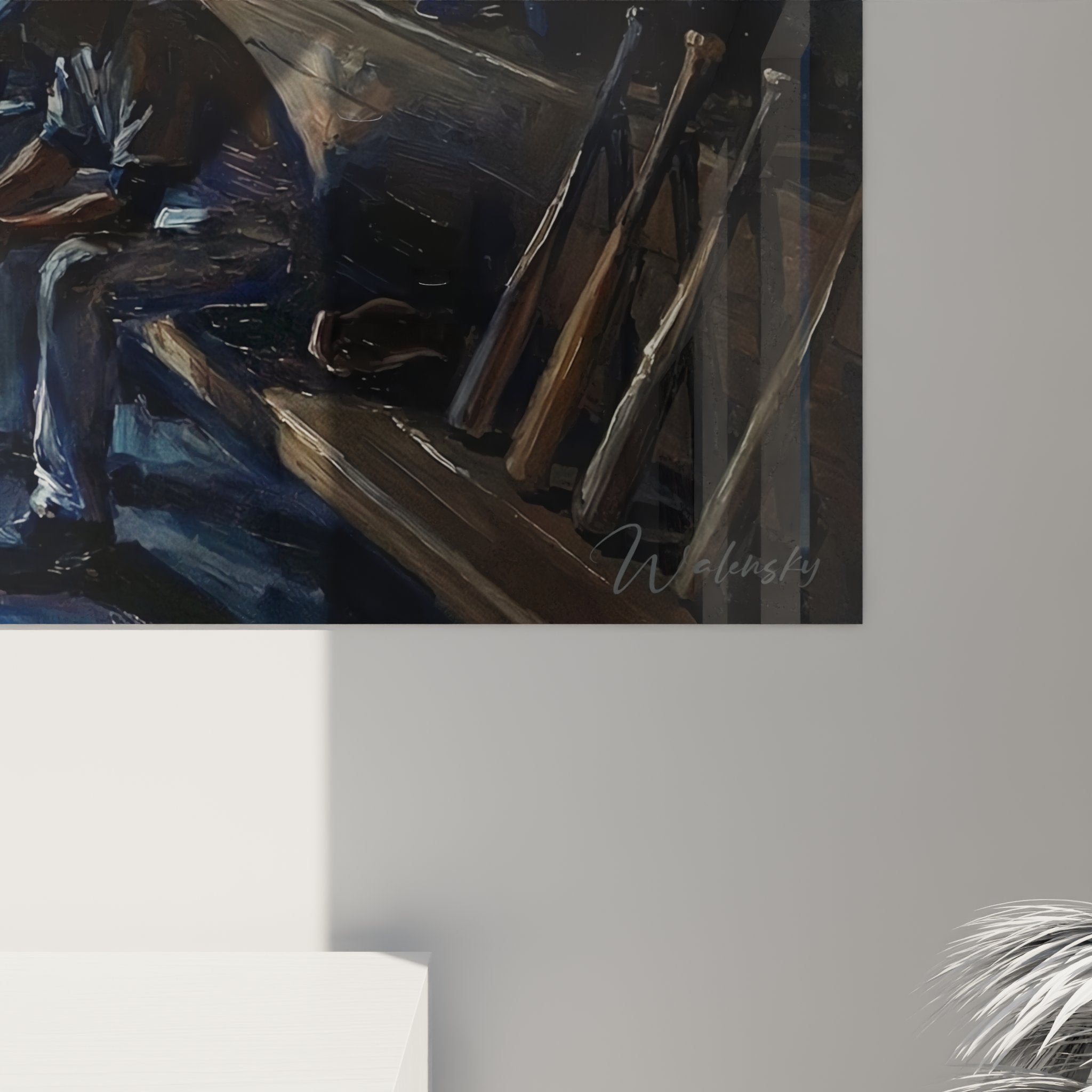 Vue ensemble tableau vestiaire baseball decoration murale sport americain scene pre-match joueurs