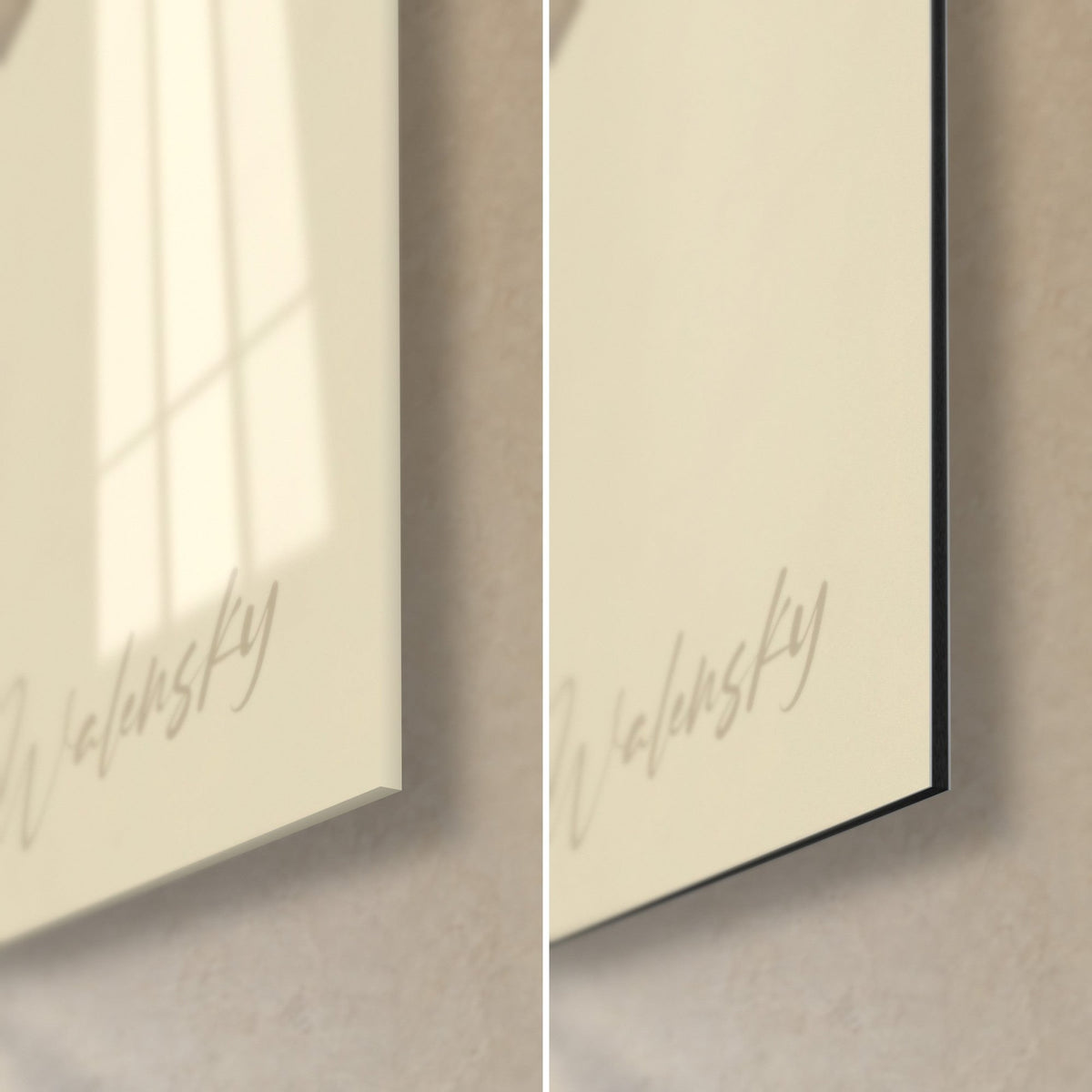Wall art polygonal cat, bottom right corner: glossy acrylic glass with reflections, matte beige Dibond aluminium, 3 mm black edge