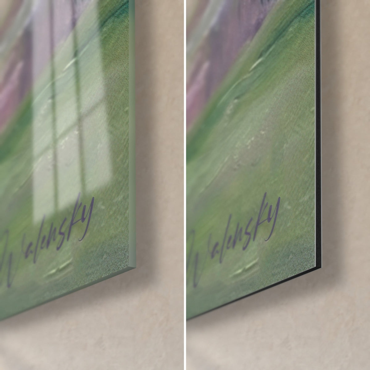 Gemälde Golfwiese in Öl, zartes Grün und Flieder, untere rechte Ecke: glänzendes Acrylglas links, mattes Dibond-Aluminium rechts