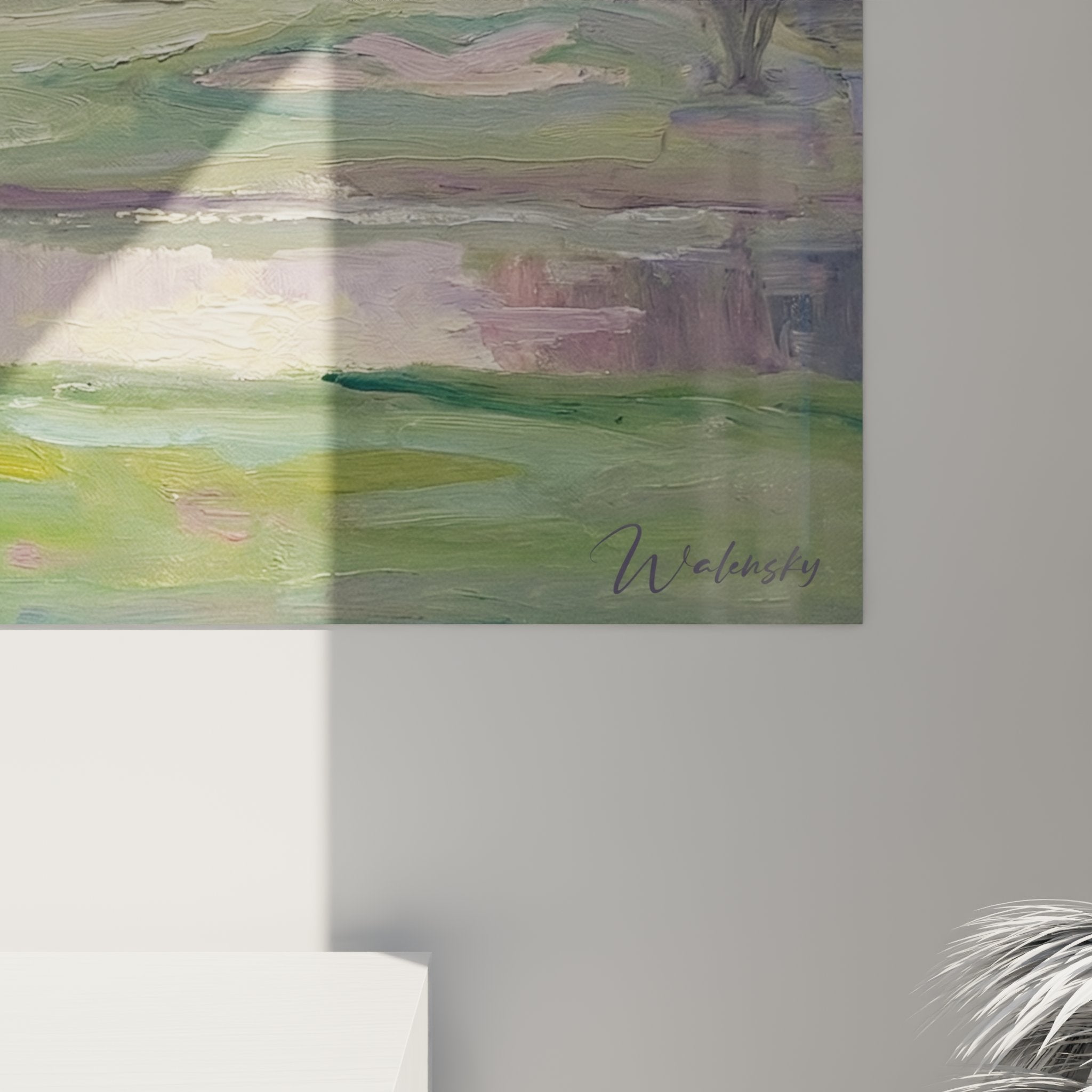 Vue ensemble tableau golf impressionniste mural decoration interieur parcours matinal atmosphere paisible tons pastel