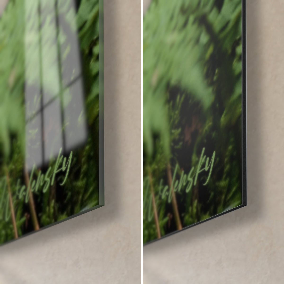 Wall art of a Norwegian Forest Cat, lower right corner: glossy glass with reflections and matte black Dibond, 3 mm thickness