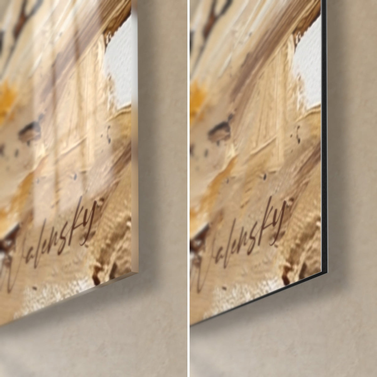 Wall art of an Ocicat cat, bottom right corner: brown signature on ochre and cream impasto, glossy Walensky acrylic glass and matte Dibond