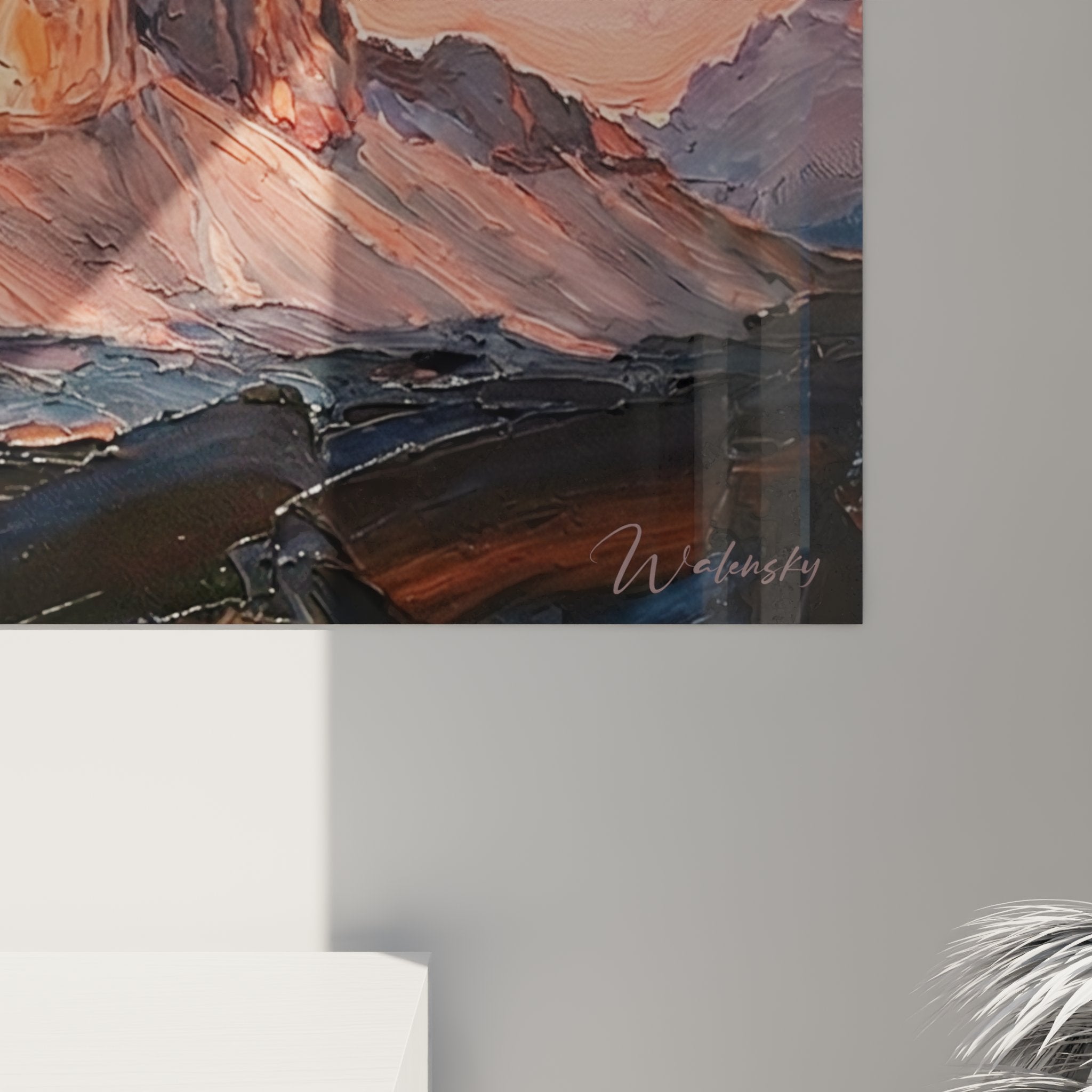 Vista completa quadro Tre Cime Dolomiti decorazione murale soggiorno moderno paesaggio montagna alpenglow art