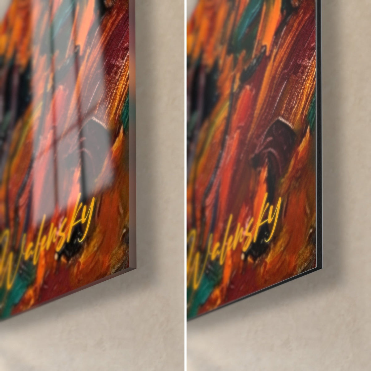 Wall art ochre and brick-red foliage, bottom right yellow signature on brushstrokes, glossy glass and matte Dibond