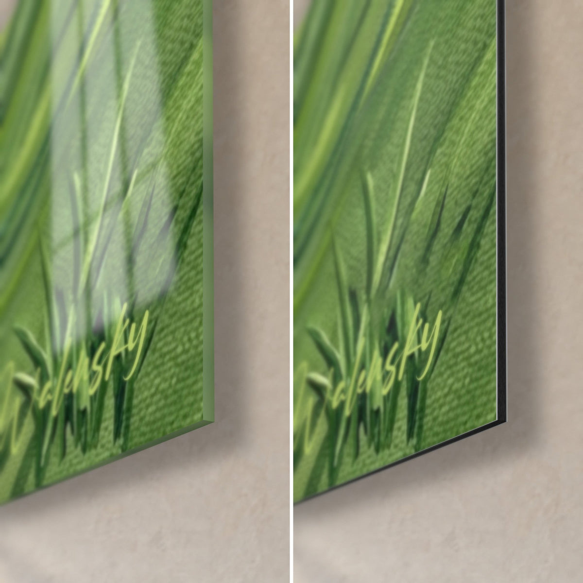 Gemälde mit Sportszene auf dem Golfplatz, untere rechte Ecke in glänzendem Acrylglas links und mattschwarzem Dibond-Aluminium rechts, Walensky-Signatur in Gelbgrün
