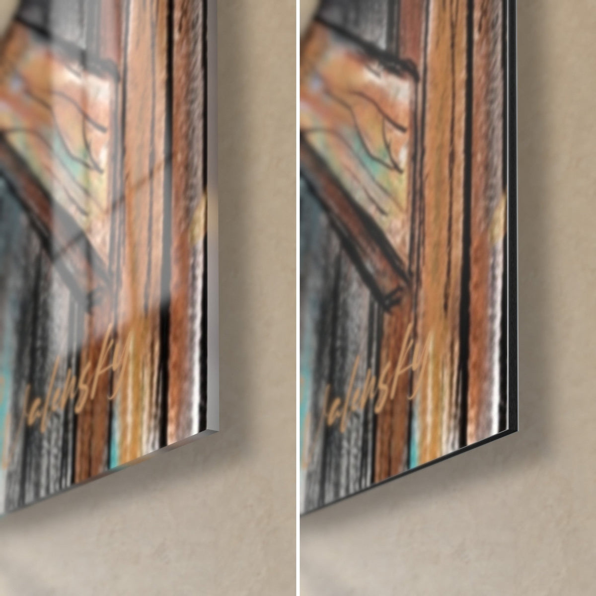 Schilderij van een springende bengaalse kat, rechtsonder: glanzend acrylglas met reflecties en mat Dibond-aluminium, zwarte rand van 3 mm