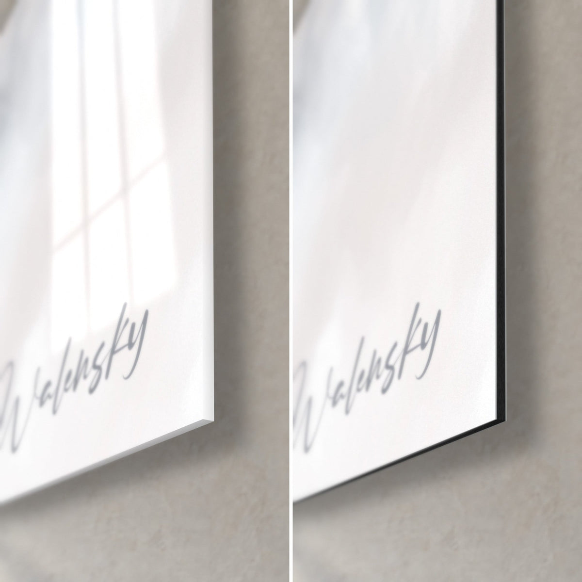 Wall art solid grey and white limestone mass, bottom right corner in glossy glass reflecting the light, and matte black 3 mm Dibond