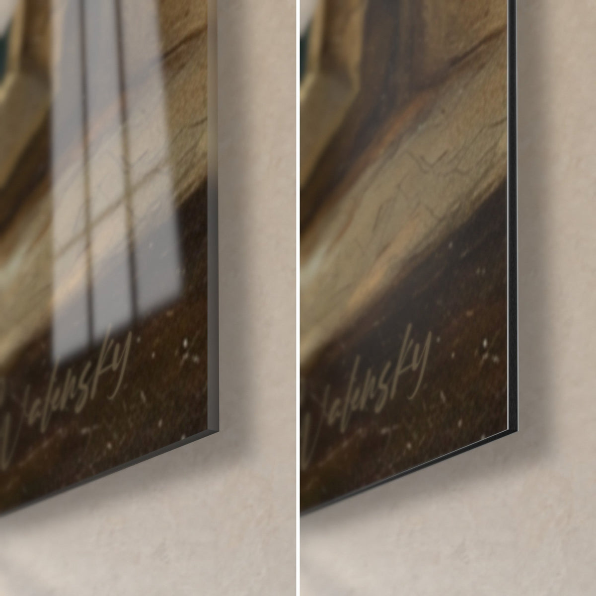 Wall art of a grey cat with amber eyes, bottom-right corner: glossy acrylic glass on the left, matte Dibond aluminium on the right, 3 mm edge