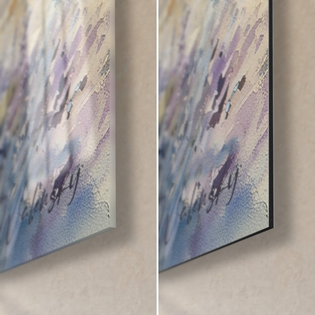 Quadro lavanda ad acquerello malva e bianco sporco, angolo in basso a destra: vetro acrilico lucido a sinistra, alluminio Dibond opaco a destra, bordo da 3 mm