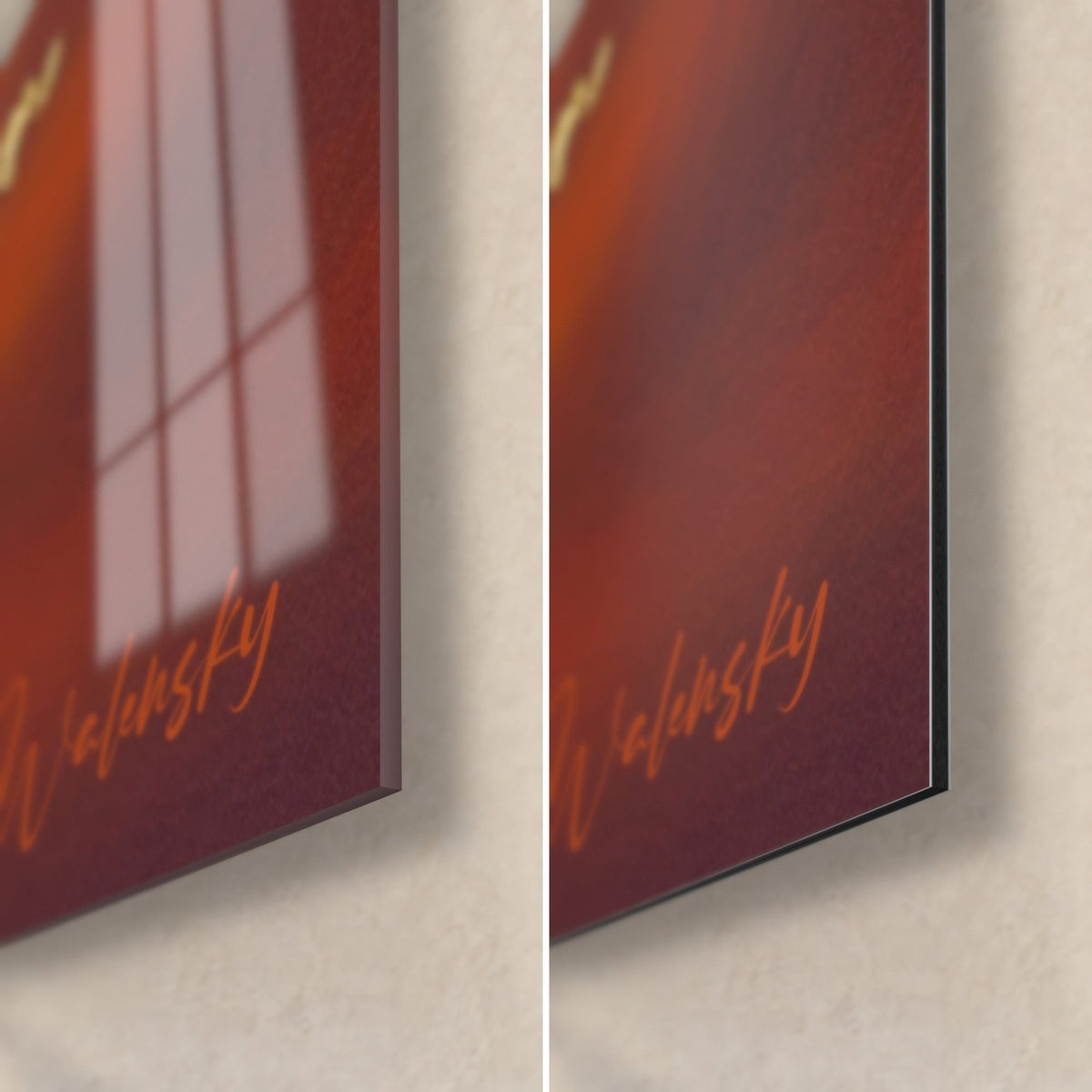 Tableau échassier au bec rouge, coin bas droit : verre acrylique brillant à gauche, alu Dibond mat à droite, tranche de 3 mm et signature orange
