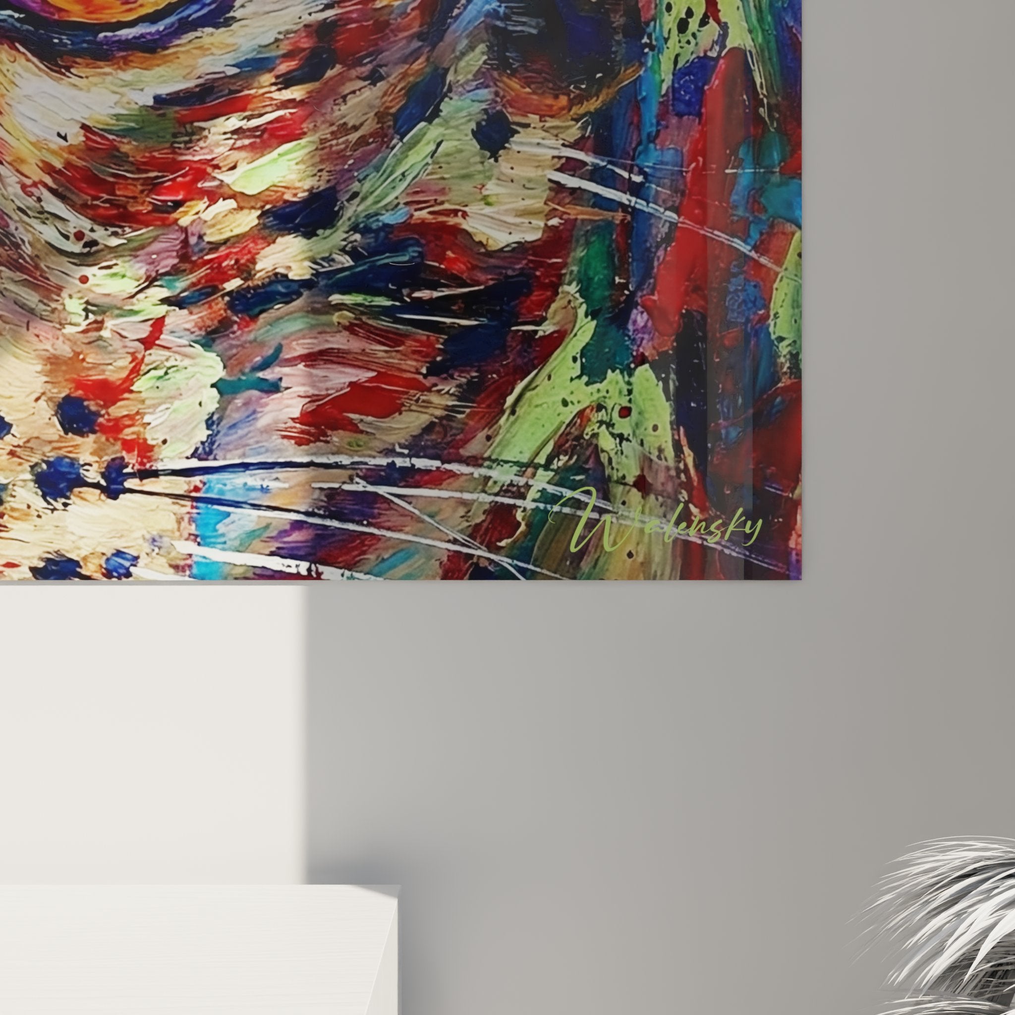 Overview wall art painting cat Ocicat expressionist style, multicolored decorative artwork