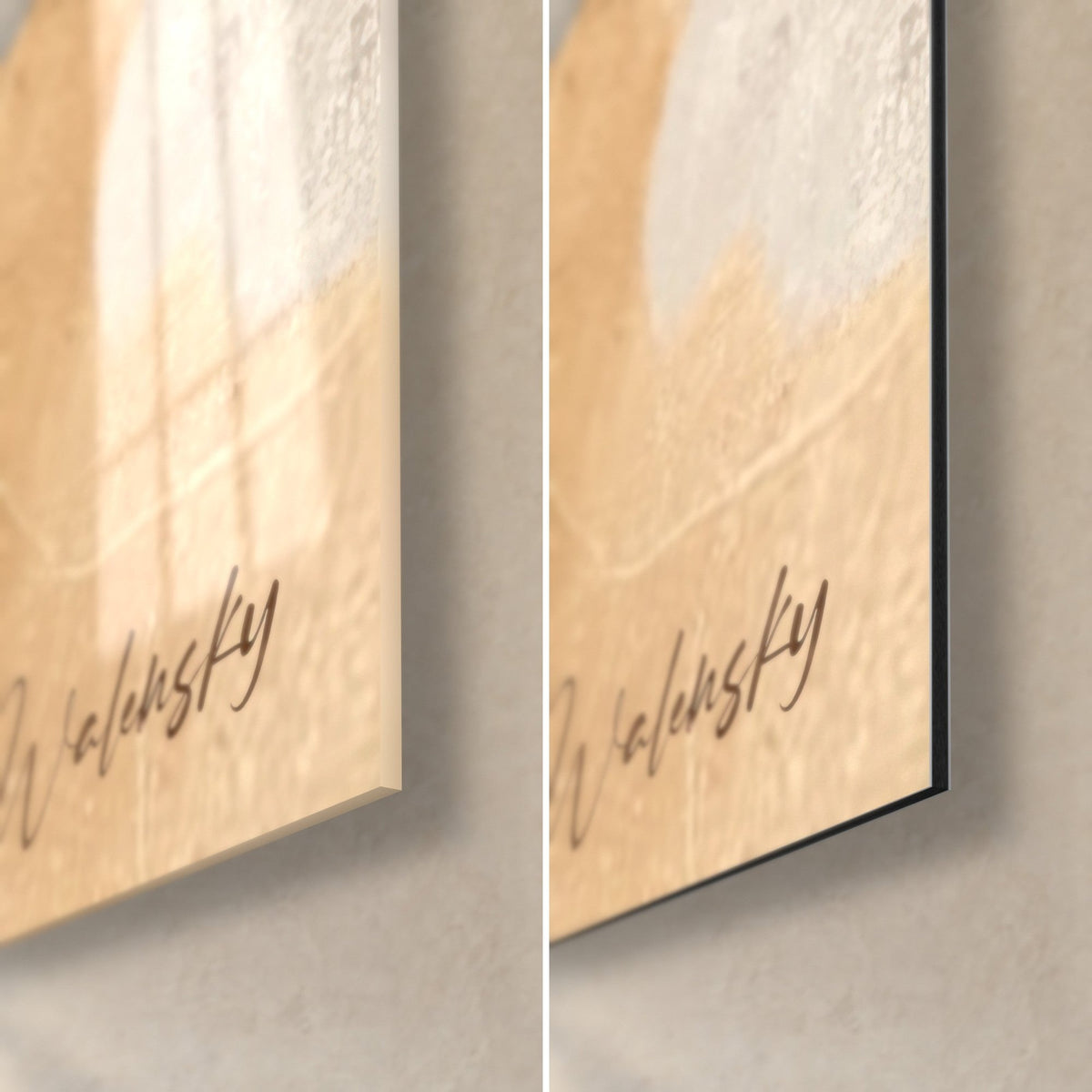 Wall art abstract female forms in sand beige and chocolate brown, bottom right corner, glossy glass on the left and matte Dibond on the right