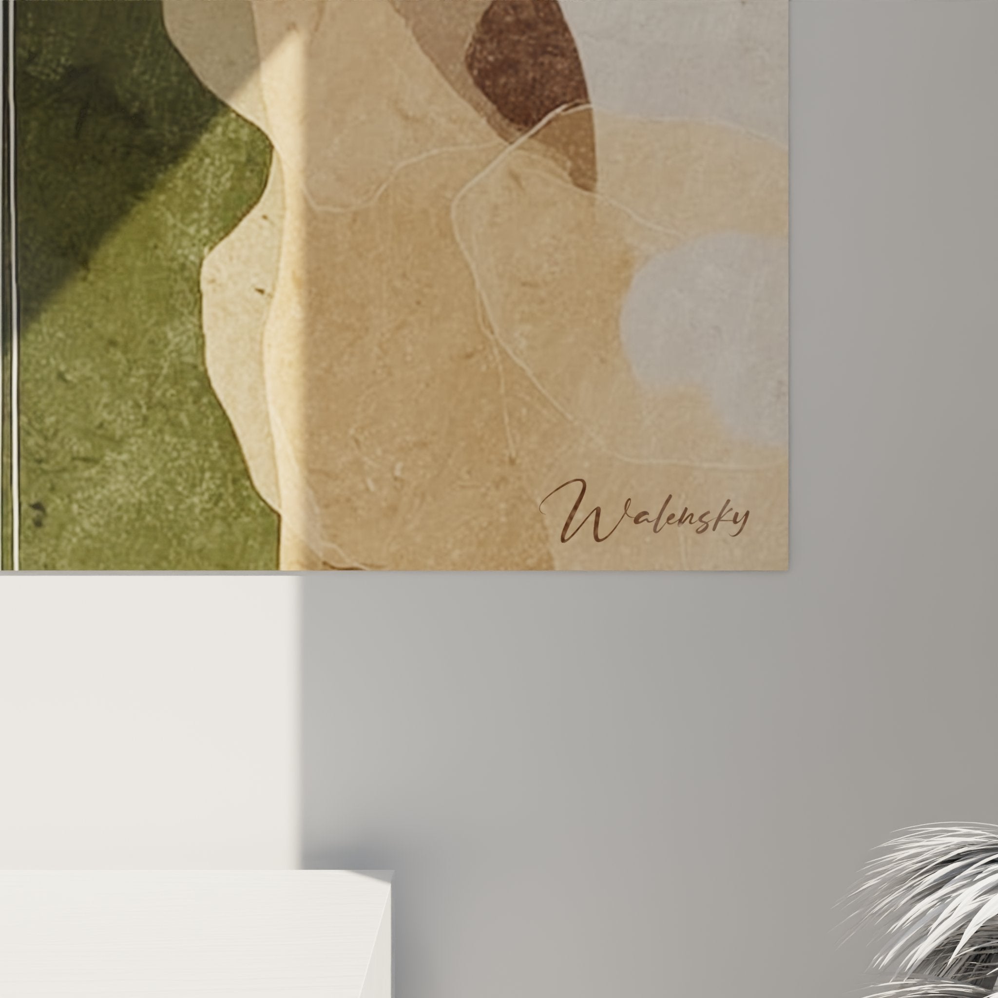 Vue d'ensemble tableau art africain contemporain avec silhouettes femmes en palette naturelle terre et vert