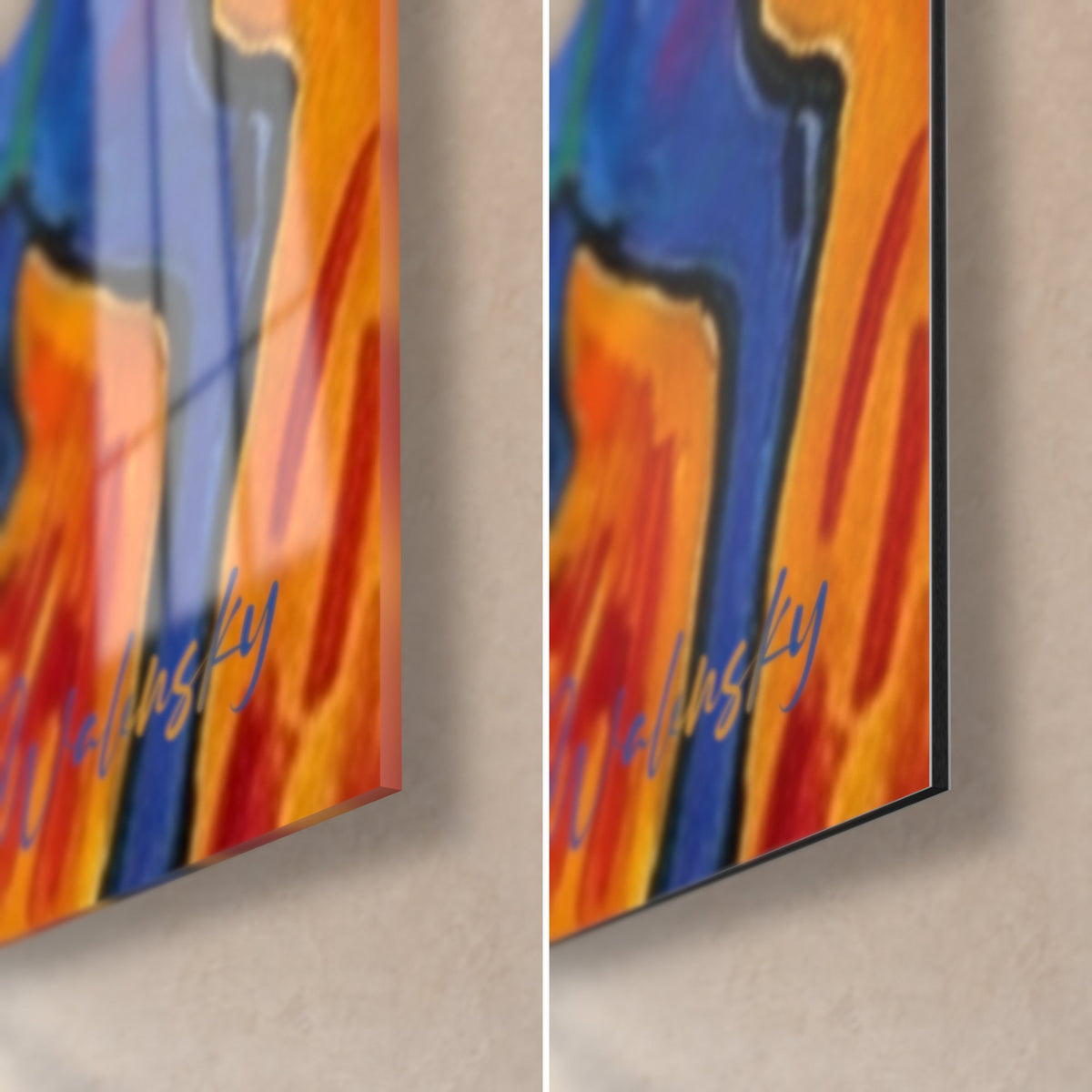 Gemälde Polo, blaue Pferdekruppe und orangefarbenes Gras, untere rechte Ecke: glänzendes Acrylglas links, matres Alu-Dibond rechts