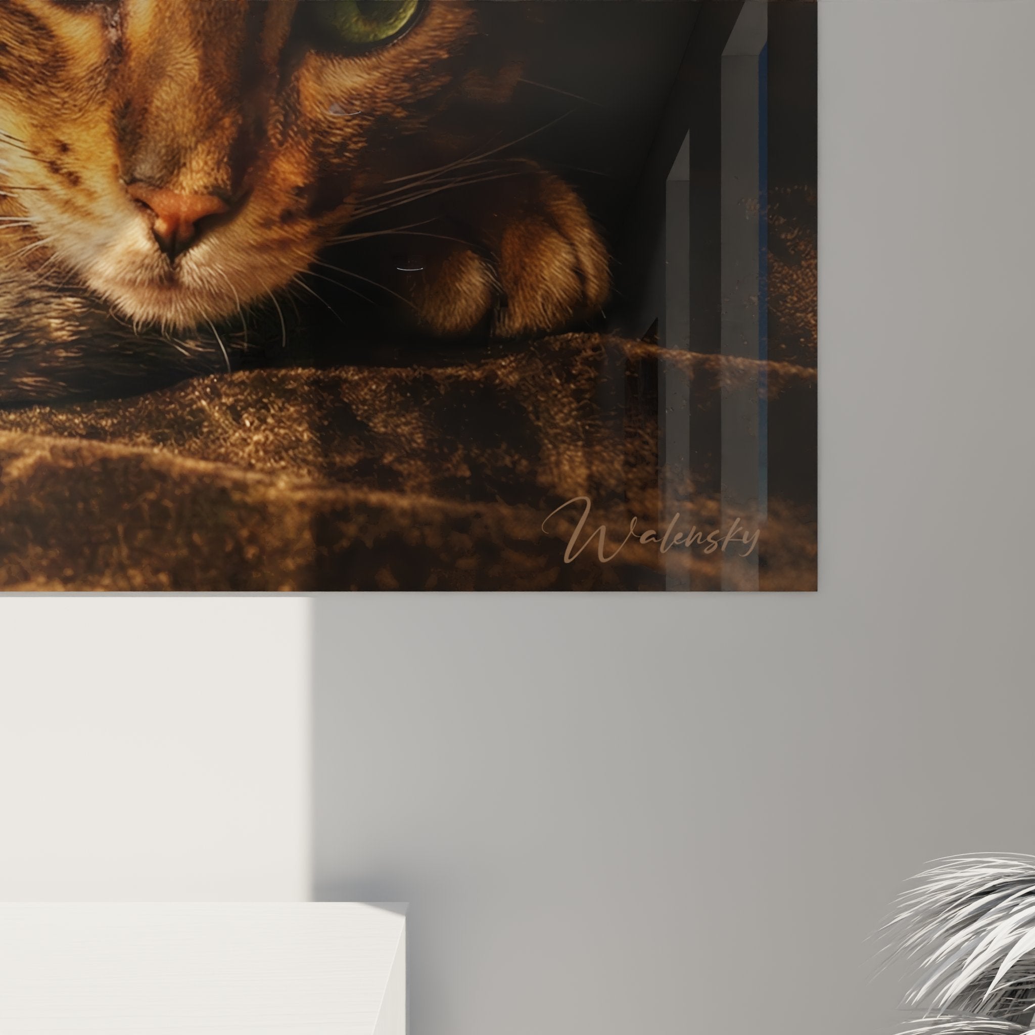 Vue ensemble tableau chat Bengal mouille decoration interieure art contemporain felin pelage dore