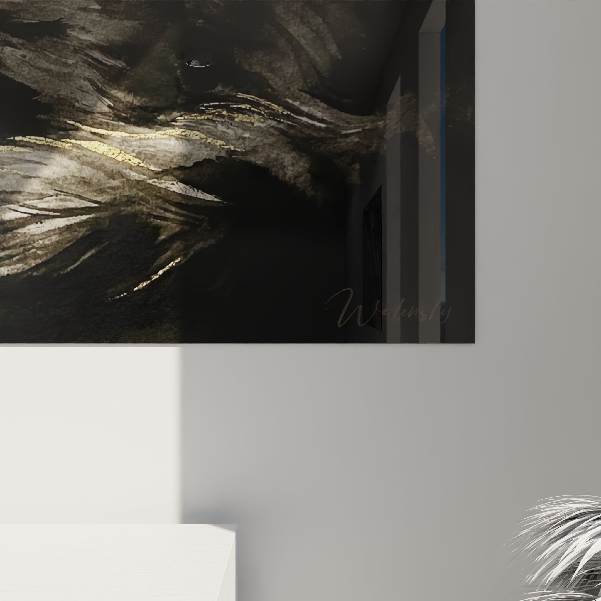 Vista panoramica quadro gatto Nebelung decorativo, arte murale soggiorno, mantello argentato occhi ambrati