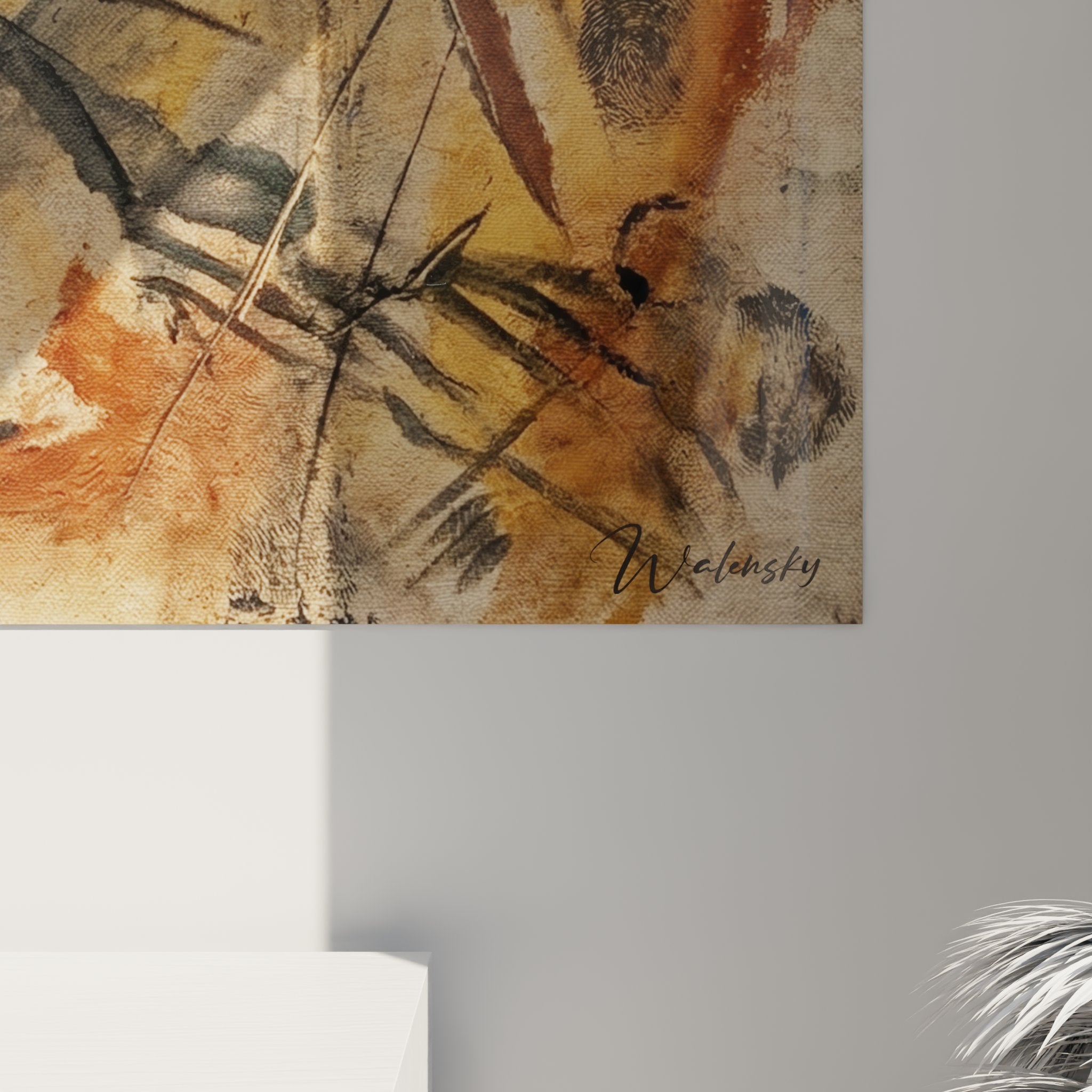 Vista panoramica del dipinto corridore arte primitiva rupestre in un interno contemporaneo decorazione running