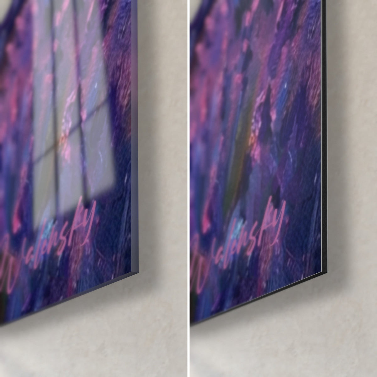 Wall art mountain biker in purple lavender fields, bottom right corner: glossy acrylic glass with reflections, matte Dibond, 3 mm edge