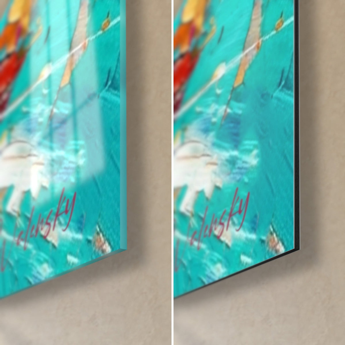 Gemälde Kätzchen mit türkisen und goldenen Tupfen, untere rechte Ecke: glänzendes Acrylglas links, mattschwarzes Dibond rechts