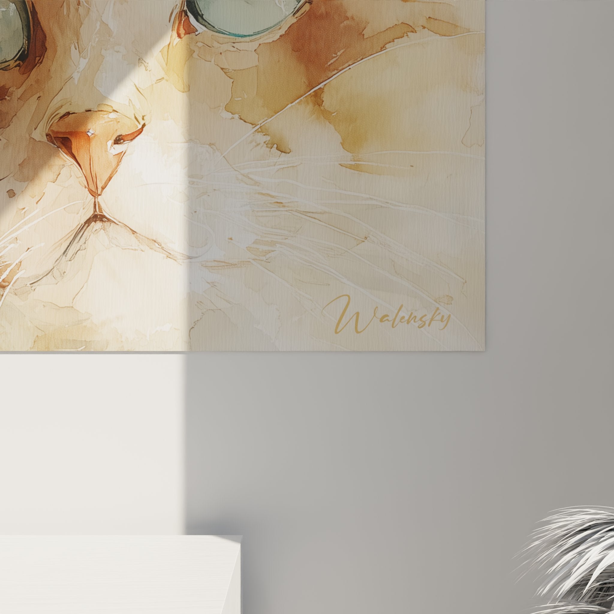 Vue d'ensemble du tableau mural trio de chats dans un intérieur contemporain, art décoratif félin