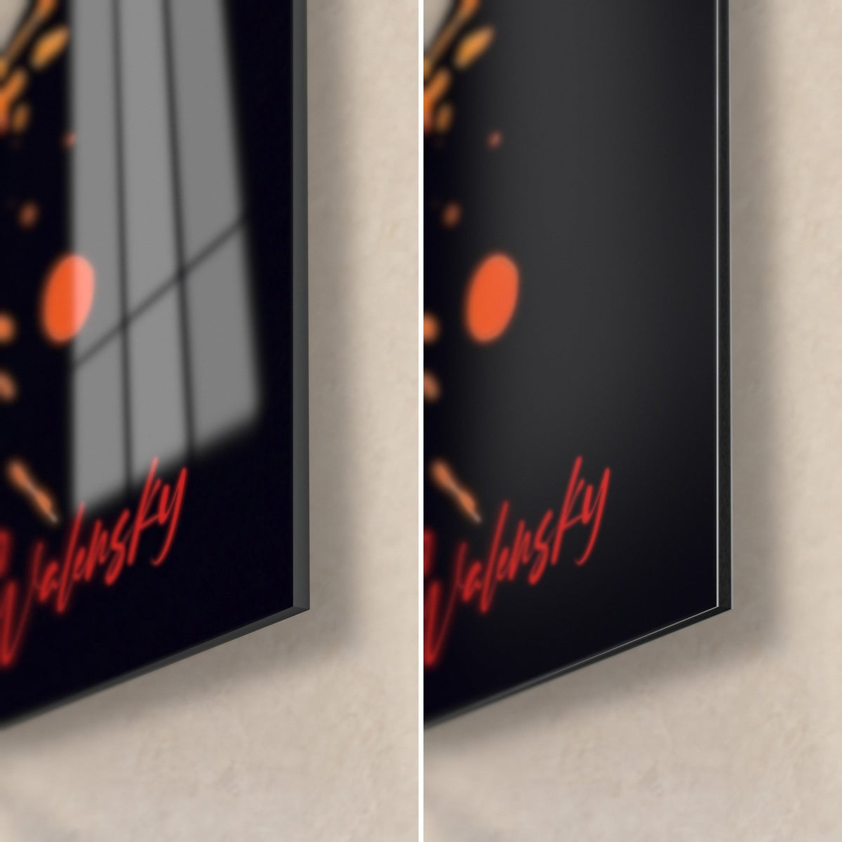 Wall art of a leaping Birman cat, red Walensky signature on black background, bottom right corner: glossy acrylic glass on the left, matte Dibond on the right