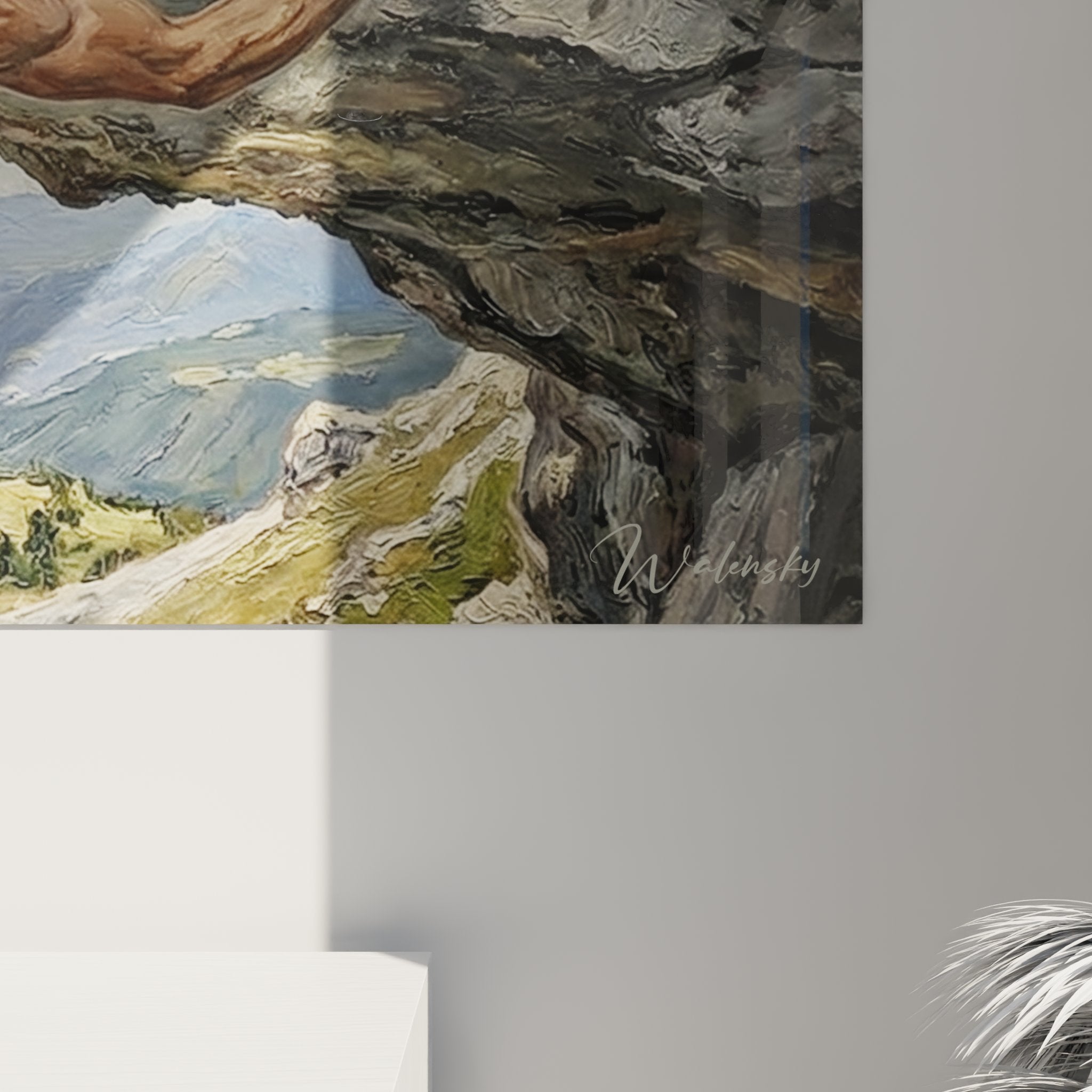 Vue ensemble tableau escalade grimpeur surplomb paysage montagnard decoration murale moderne