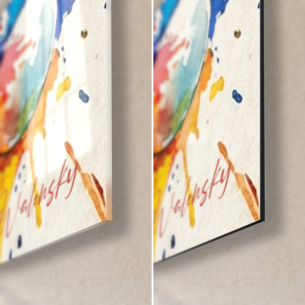 Wall art of white watercolor spheres, bottom right corner: glossy glass on the left, matte Dibond on the right, orange and turquoise