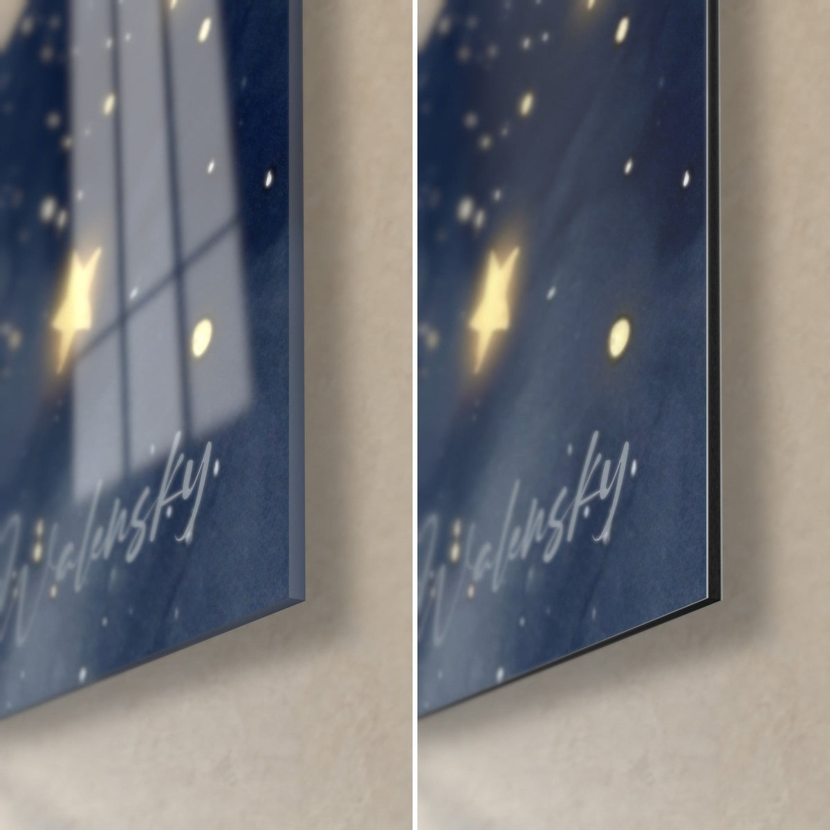 Gemälde einer kosmischen Katze, untere rechte Ecke: goldener Stern auf Marineblau, glänzendes Glas links, matt gebürstetes Dibond rechts, 3 mm Kante