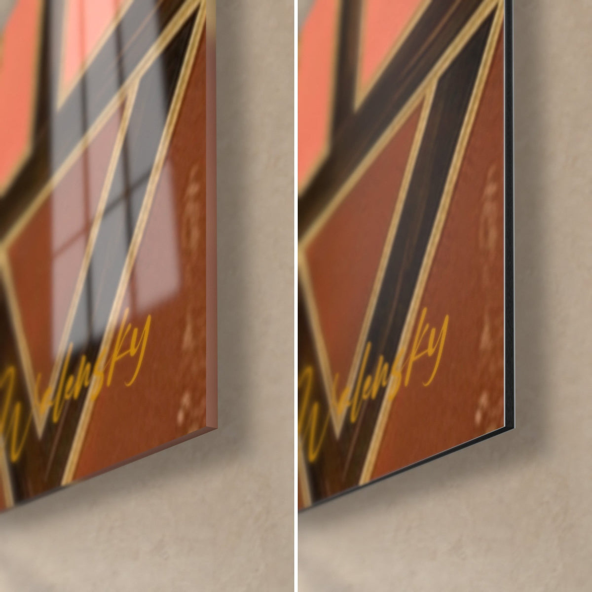 Wall art with a dark brown half-timbered checkerboard pattern, coral pink lower-right corner and gold line, glossy glass on the left, matt Dibond on the right, 3 mm thickness