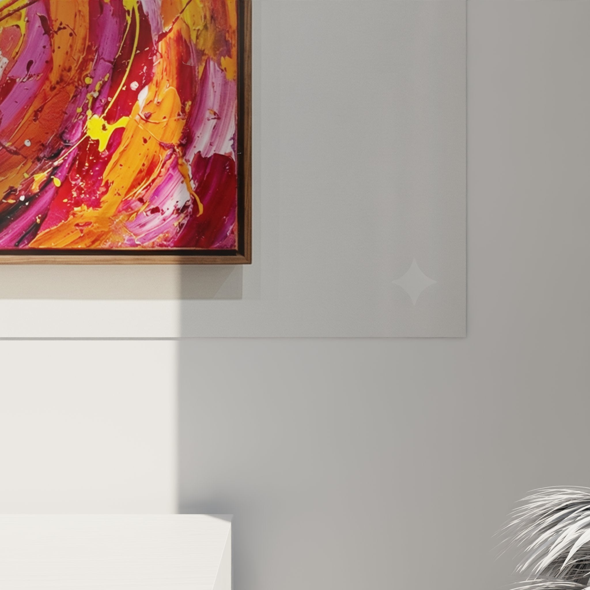 Vue ensemble tableau abstrait mouvement spirale accroche mur decoration interieur contemporain