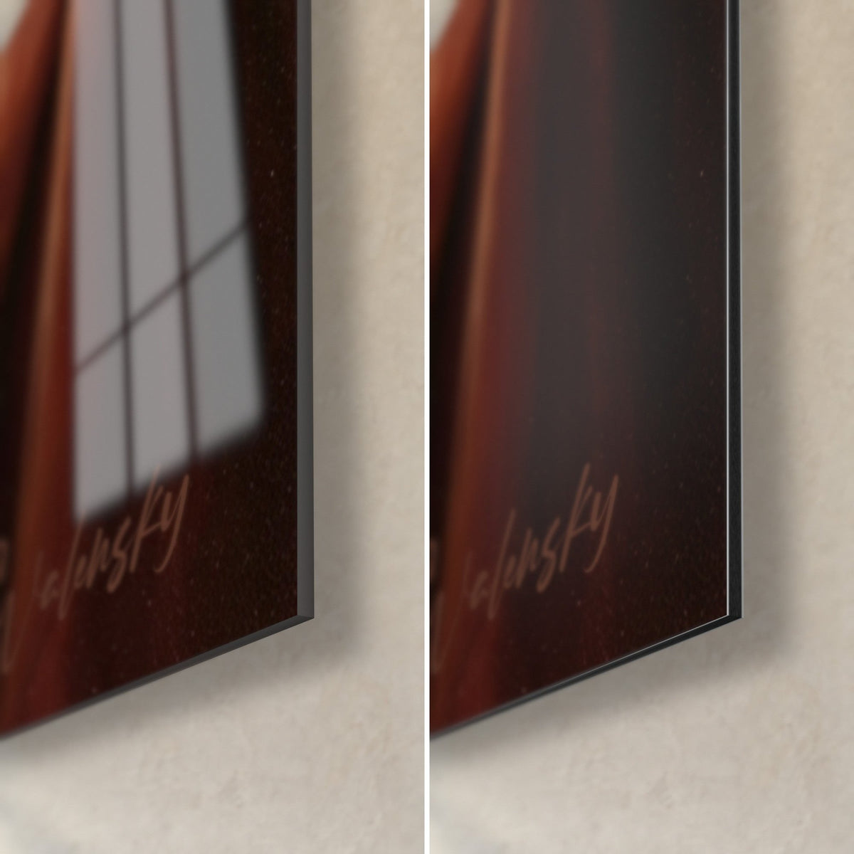 Wall art kittens nestled against their tabby mother, reddish-brown corner bottom right, glossy glass on the left, matte Dibond aluminium on the right, 3 mm edge