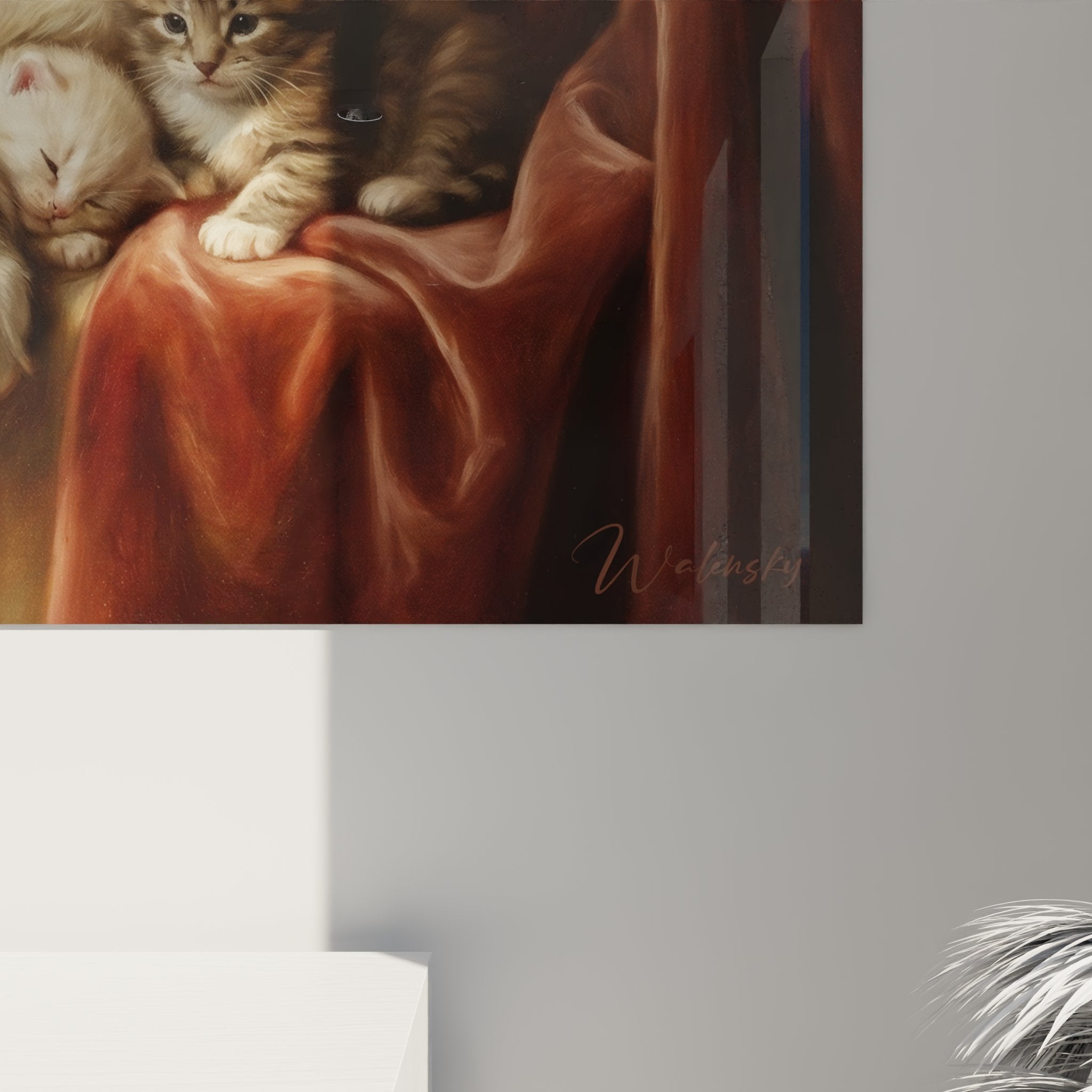 Full view Maine Coon kitten motherhood scene stretched canvas ready to hang wall decoration