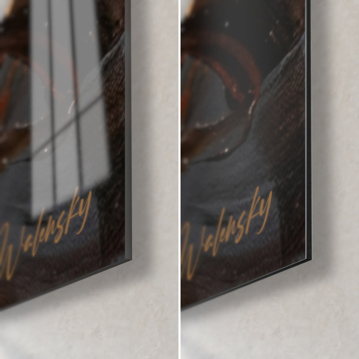 Wall art baseball impact in ivory paint and rust, bottom right corner: glossy acrylic glass on the left, matte Dibond and 3 mm edge on the right