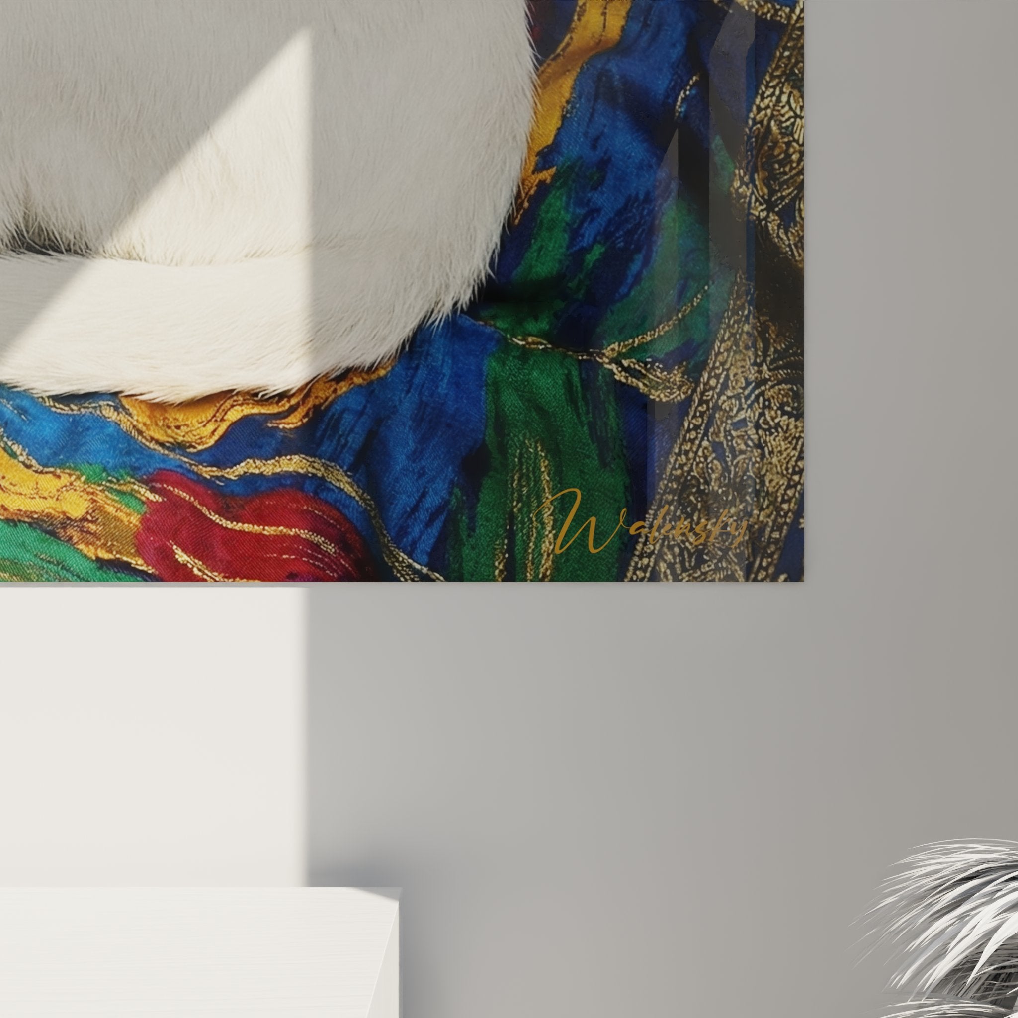 Gesamtansicht Wandbild weiße Katze Khao Manee Dekoration modernes Interieur zeitgenössische Felinen-Kunst