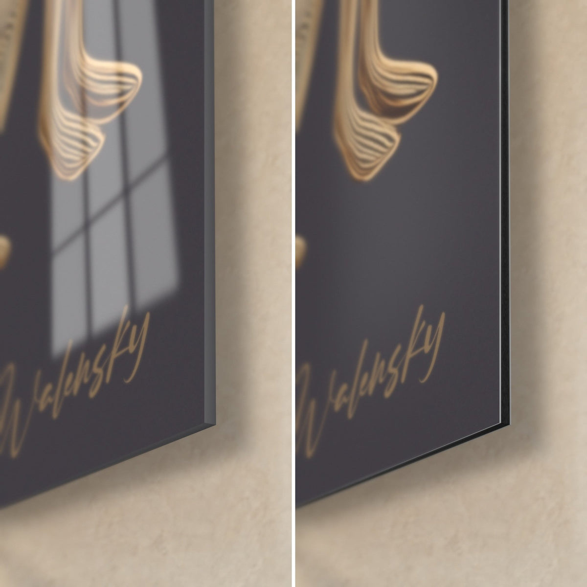 Tableau lévriers aux stries dorées sur fond gris anthracite, coin bas droit : signature Walensky, verre brillant et Dibond mat