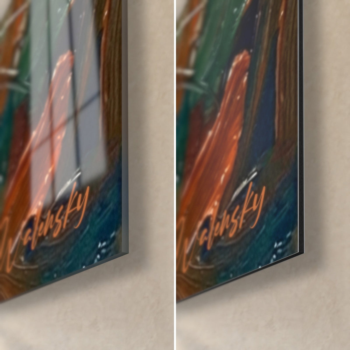 Wall art oil-painted cat portrait, orange signature on deep blue background, glossy acrylic glass and matte Dibond, 3 mm edge
