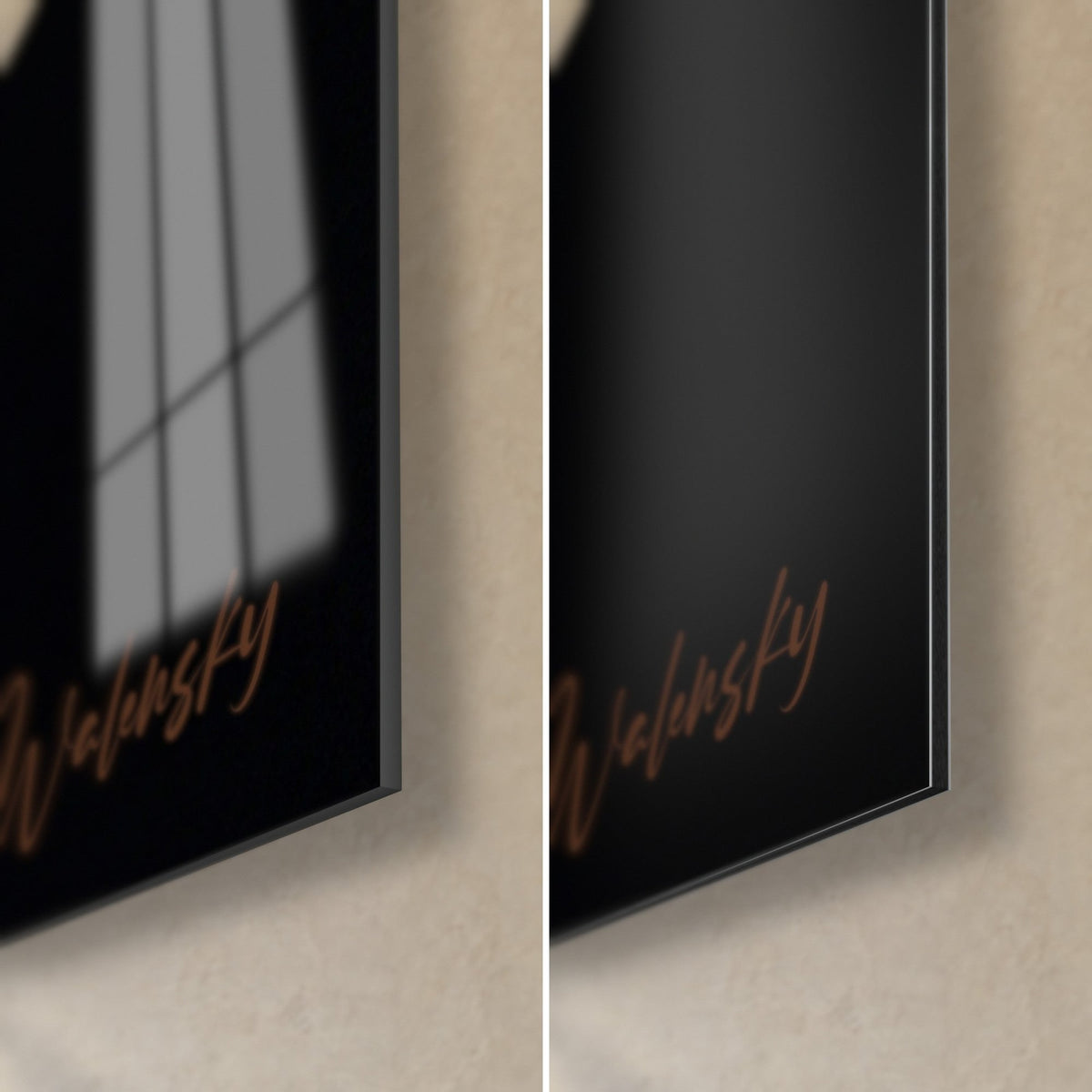 Tableau témoin de relais en cuivre luisant, coin bas droit : verre acrylique brillant à gauche, Dibond mat noir à droite, tranche de 3 mm