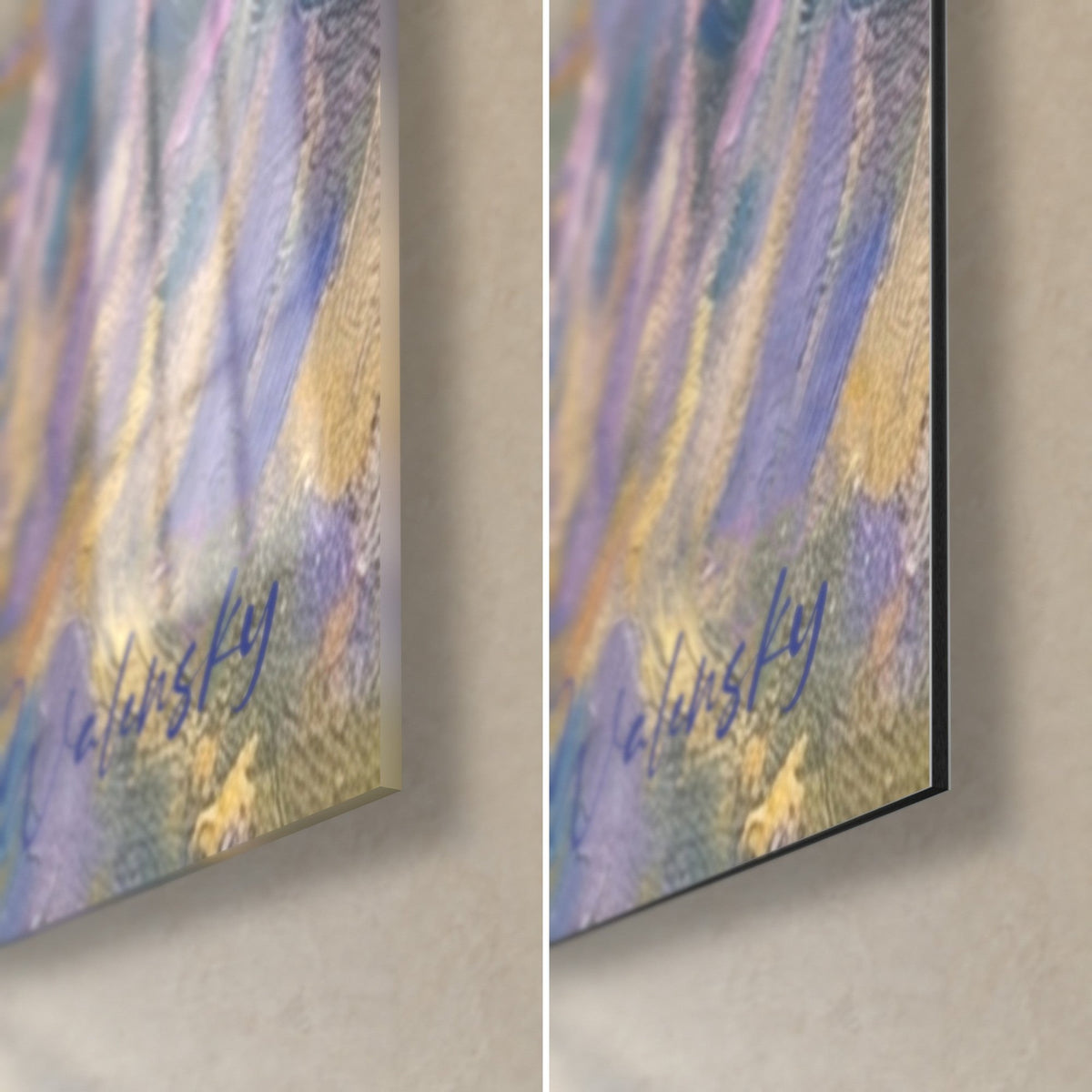 Tableau vététiste dans la lavande, coin bas droit : signature bleue sur touches lilas et dorées, verre brillant et Dibond noir mat