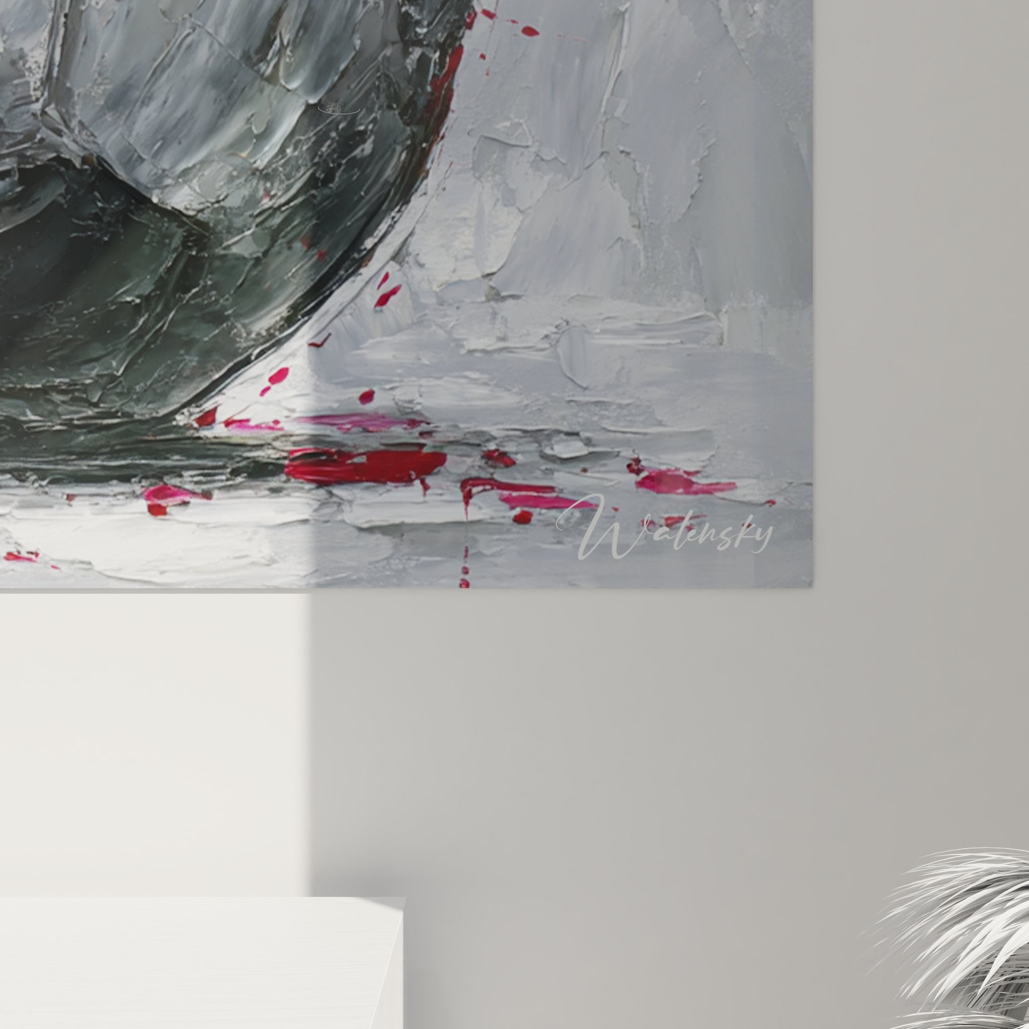 Vue d'ensemble tableau football explosion rouge dans salon moderne, décoration murale sport